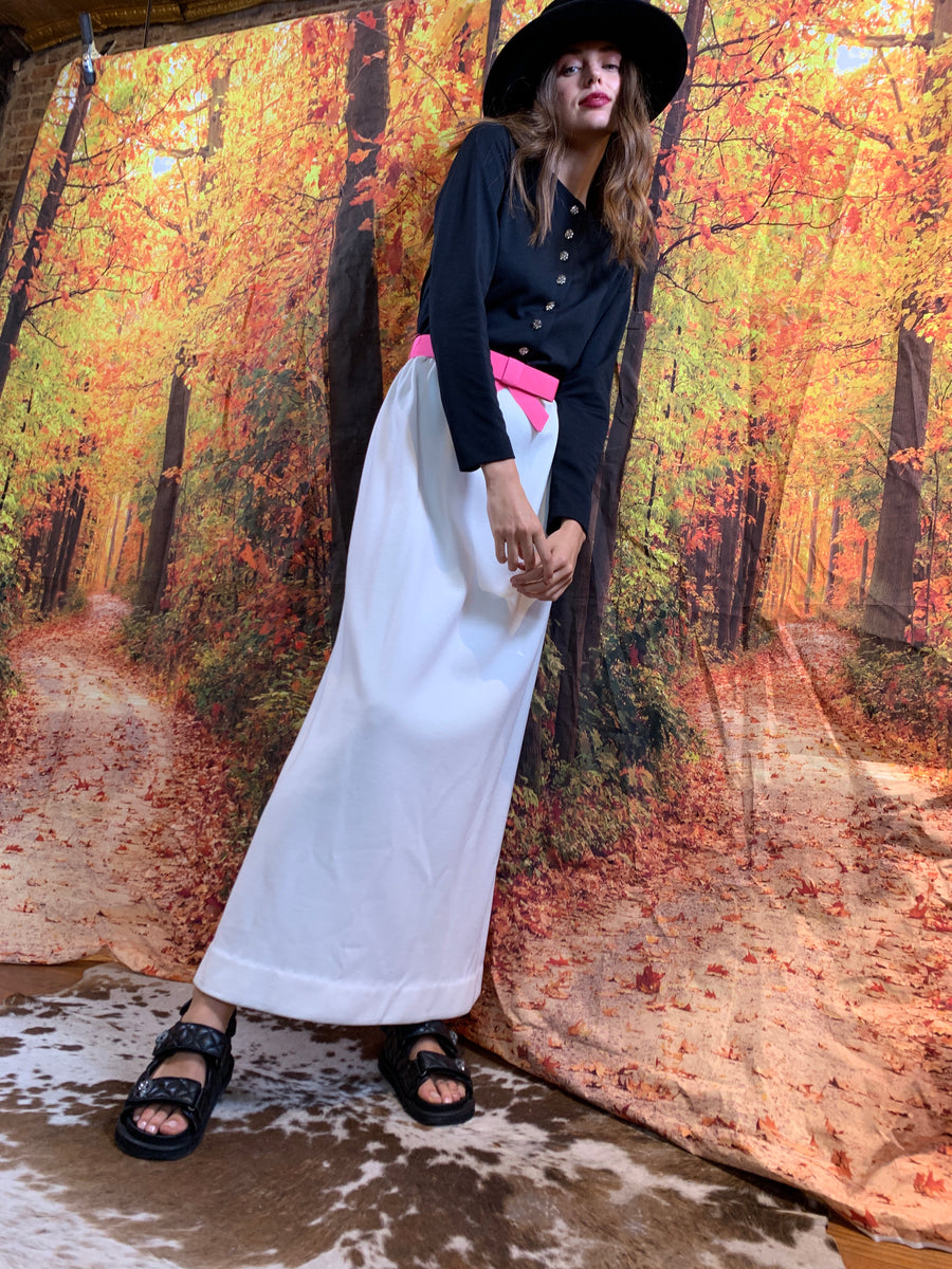 Black and white evening maxi with pretty pink belt – MyMothersArmoire