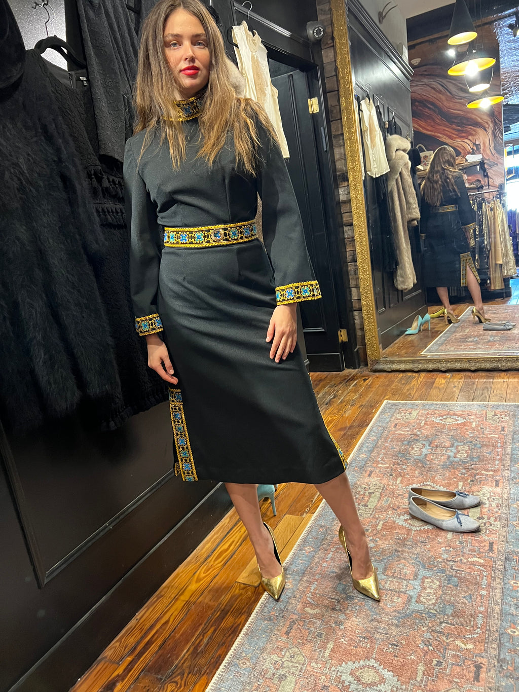 black midi dress with ethnic trim