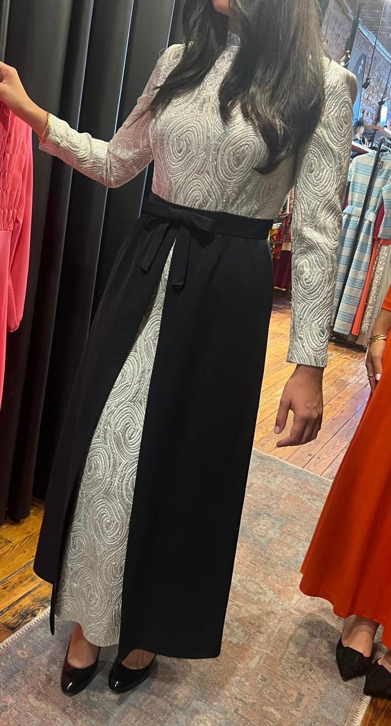Silver maxi dress with apron skirt attached