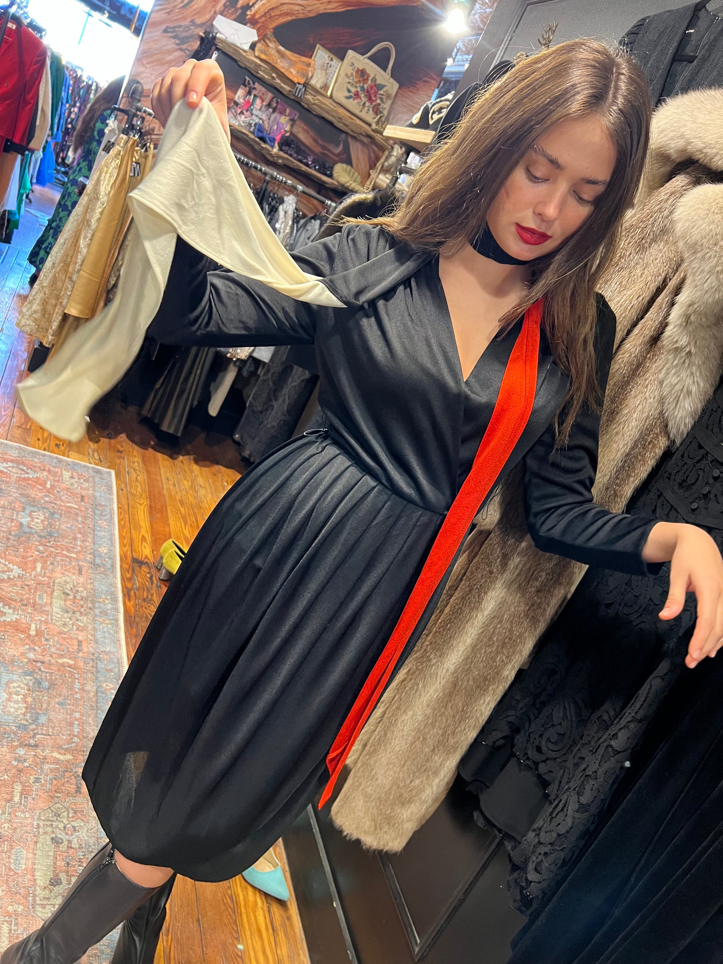 disco black jersey dress with red/white/black scarf MyMothersArmoire disco black jersey dress with red/white/black scarf MyMothersArmoire