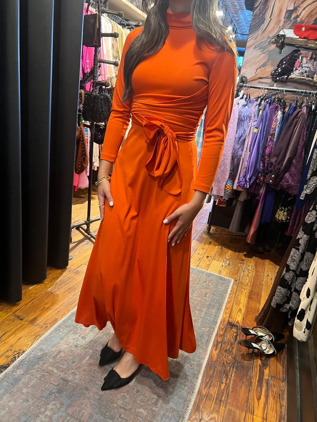 Burnt orange wrap belt maxi