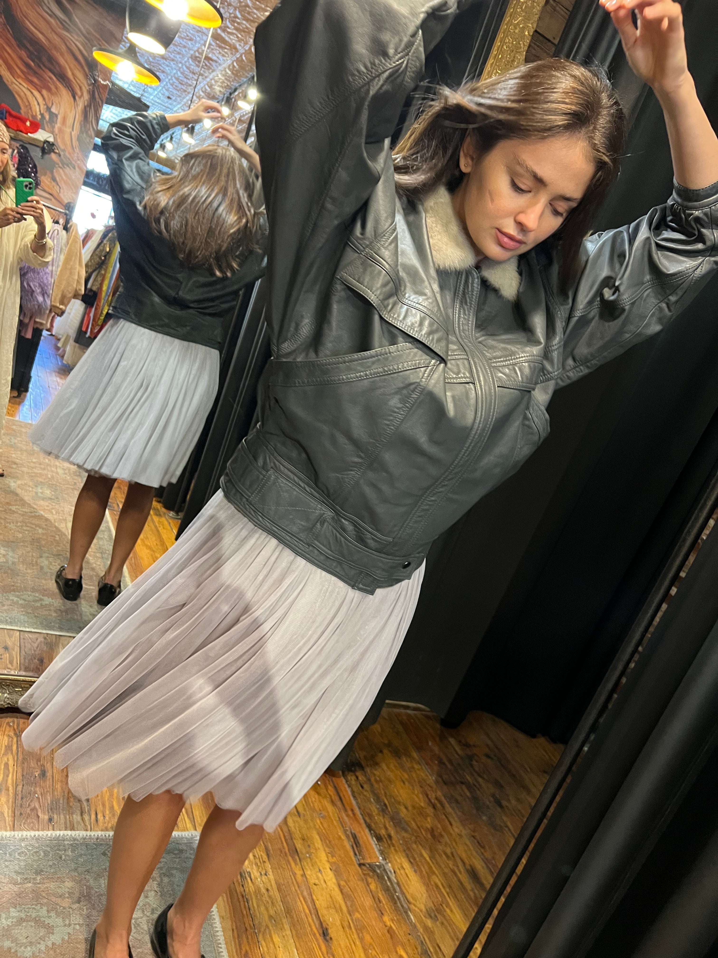 gray leather bomber jacket