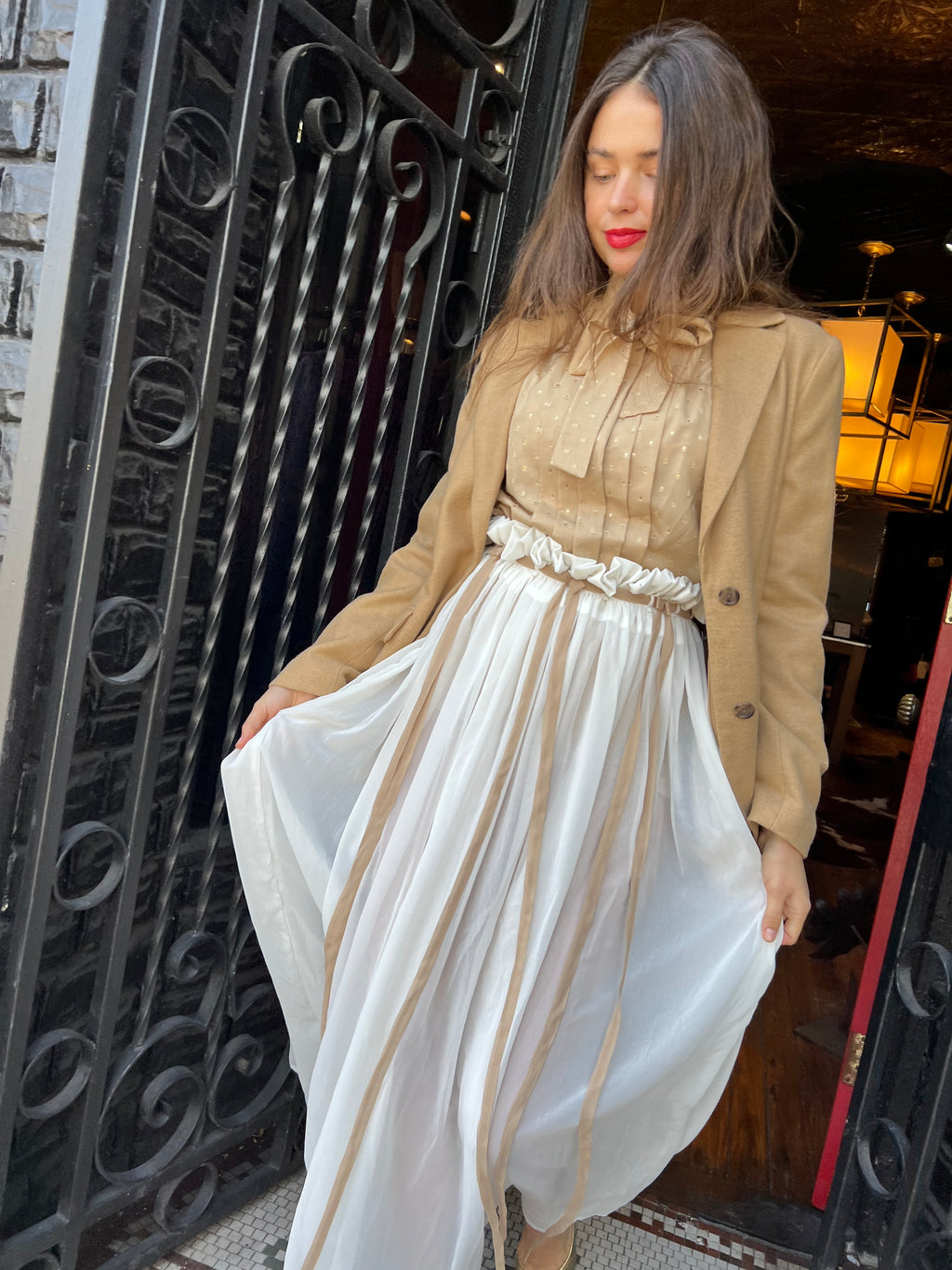cream chiffon maxi skirt with velvet ribbons