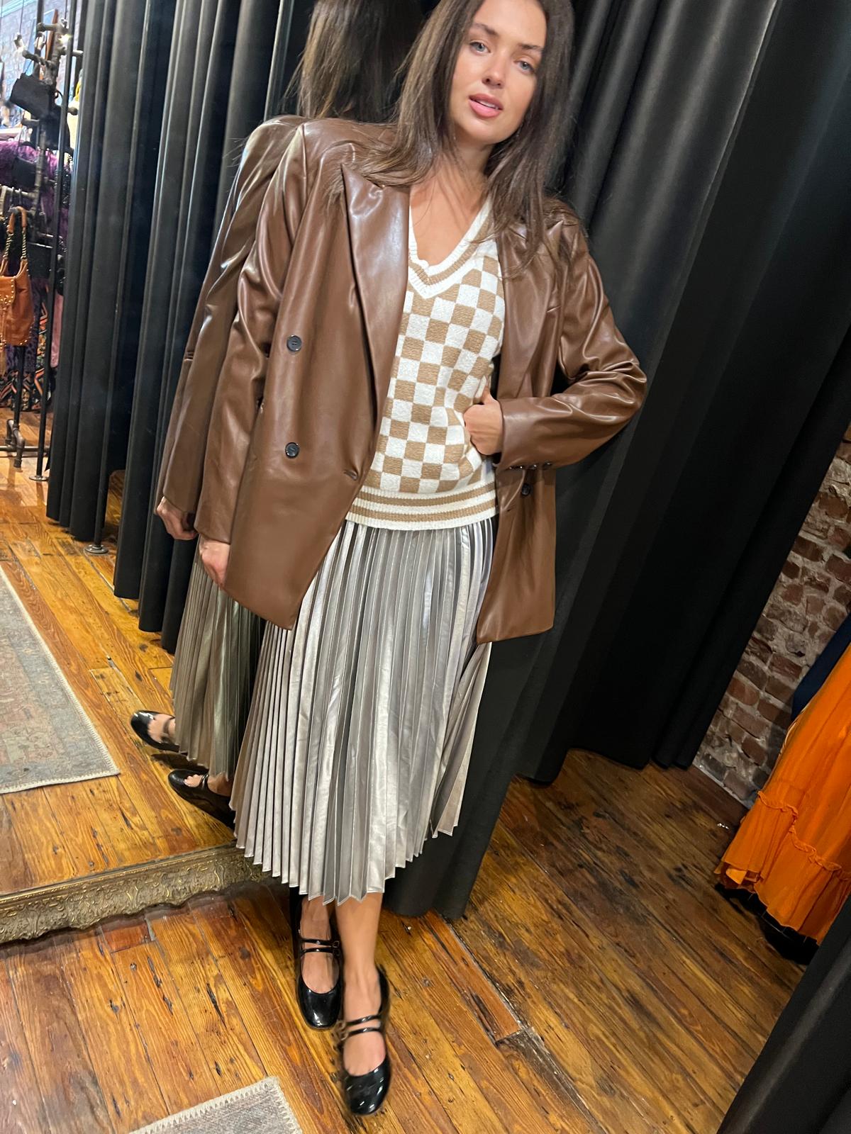 Pleated silver skirt