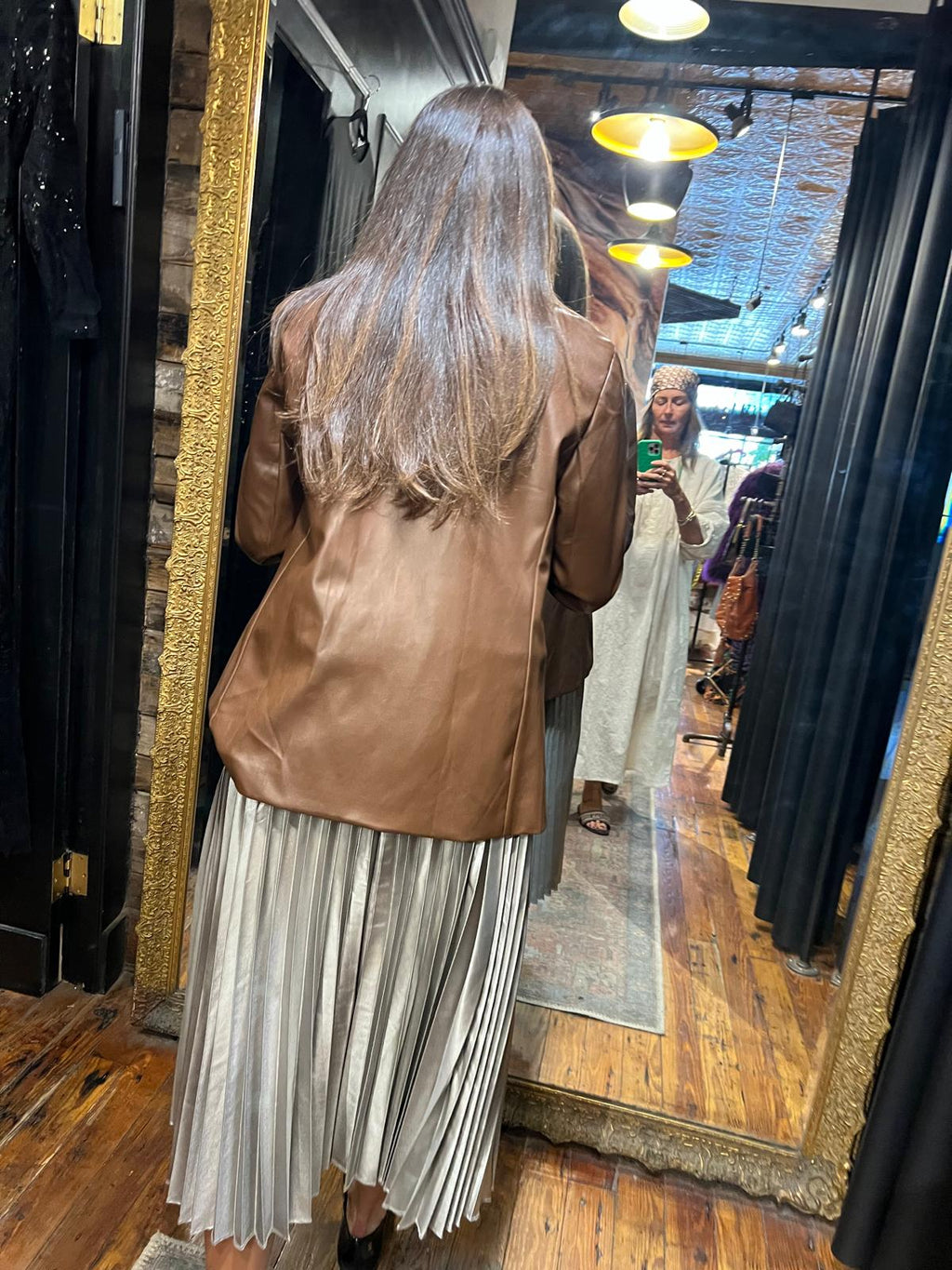 Pleated silver skirt