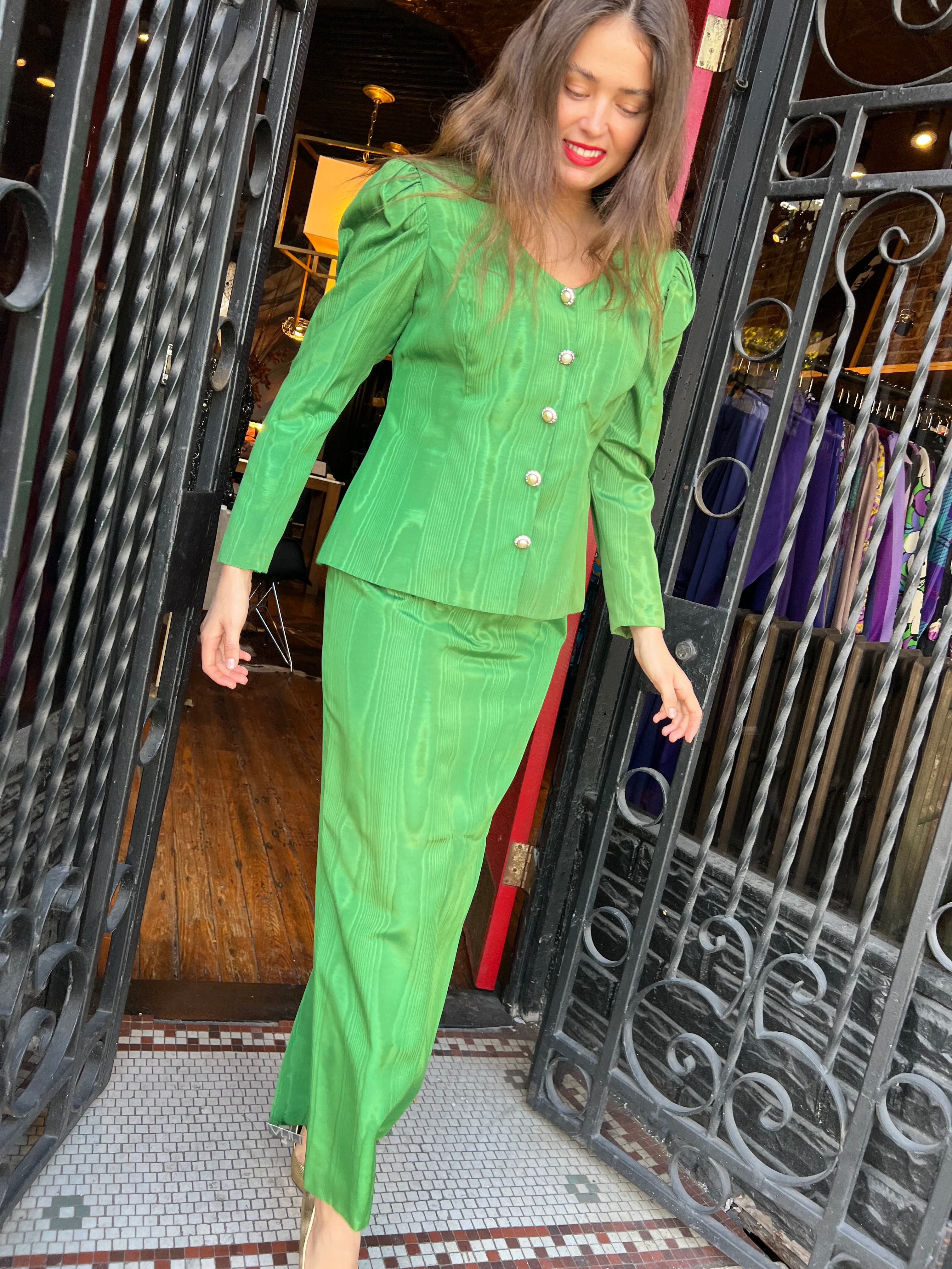 apple green moire two piece maxi suit