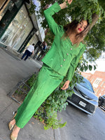 apple green moire two piece maxi suit