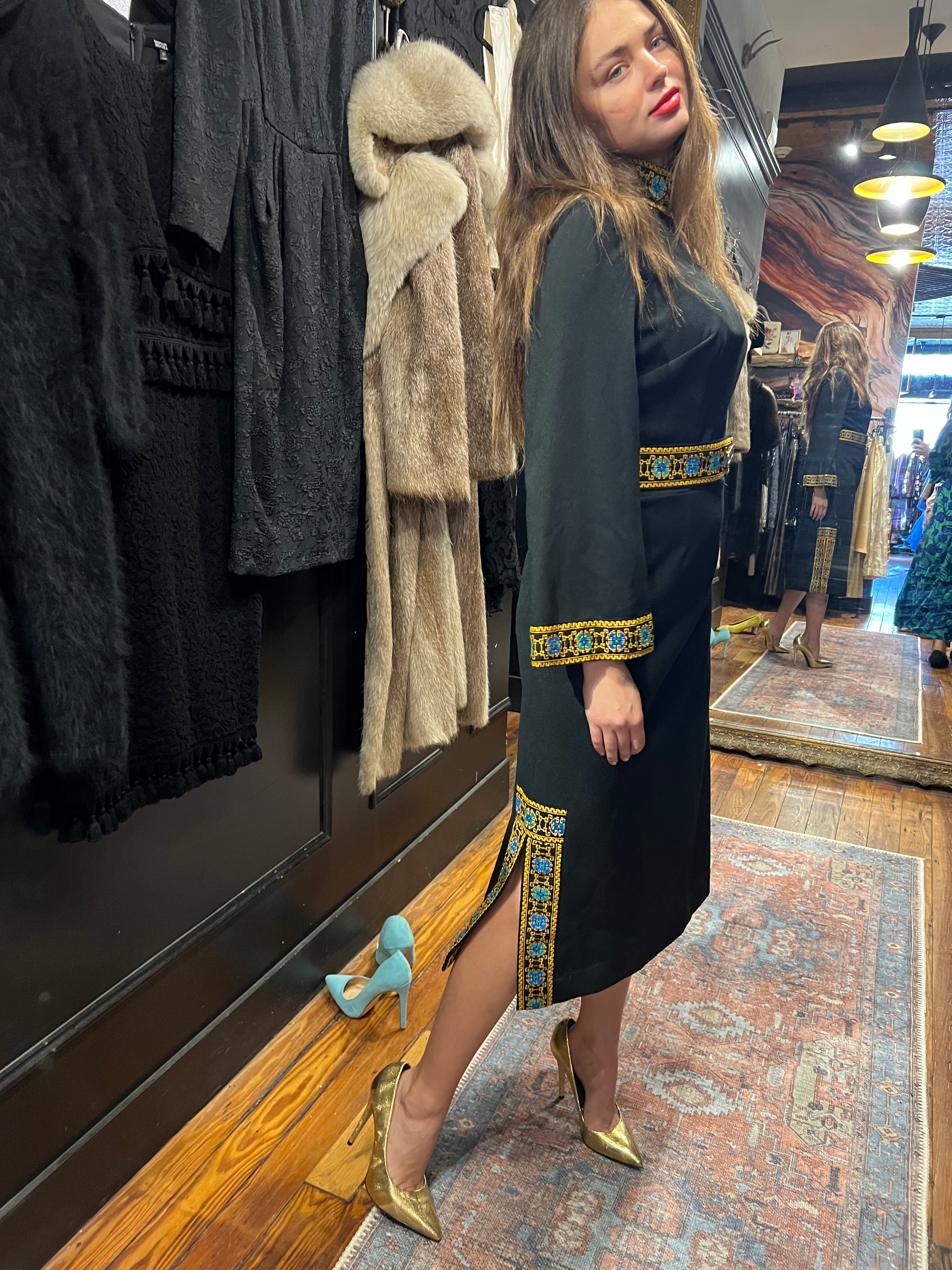 black midi dress with ethnic trim