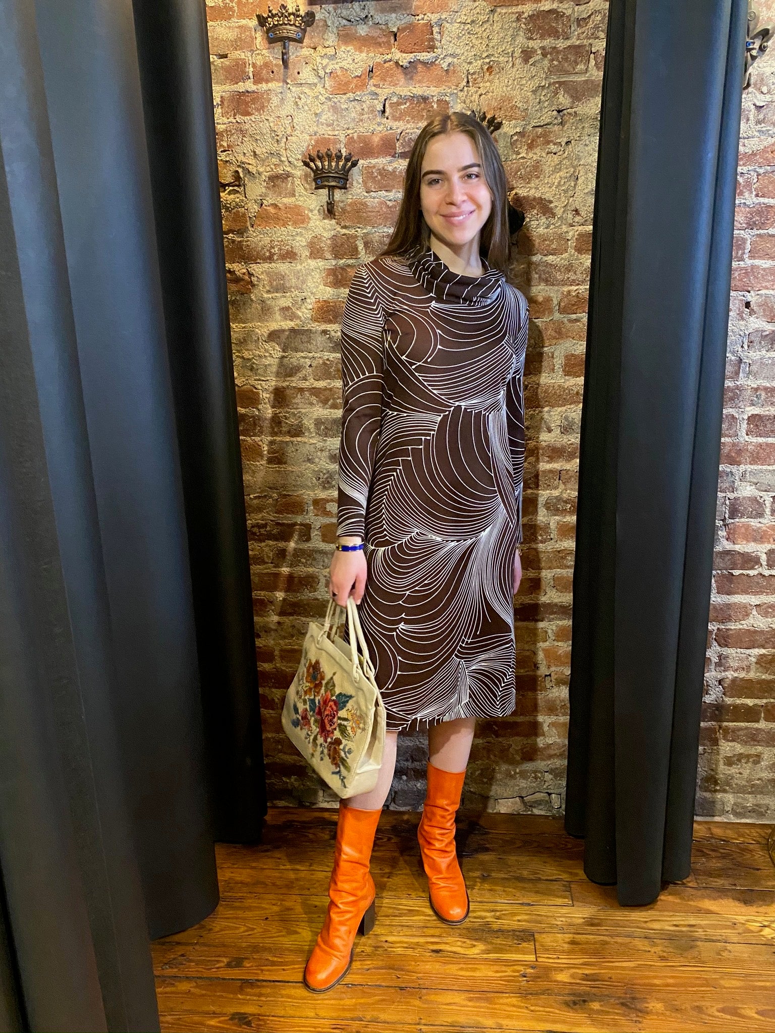 Brown swirl cowl dress