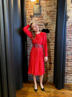 sequin belted red pleated dress