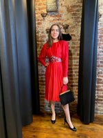 sequin belted red pleated dress