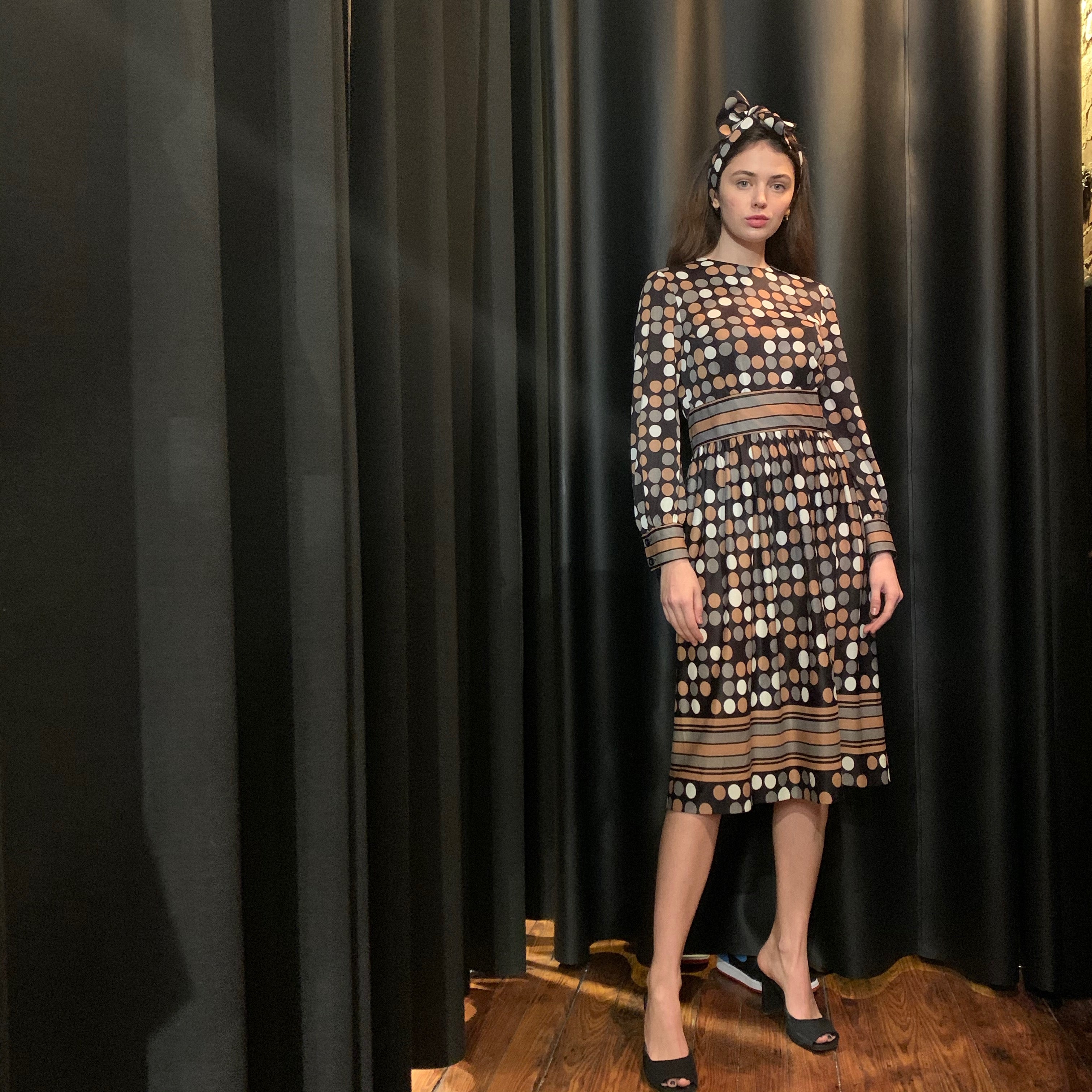 Black brown and beige polka dot dress