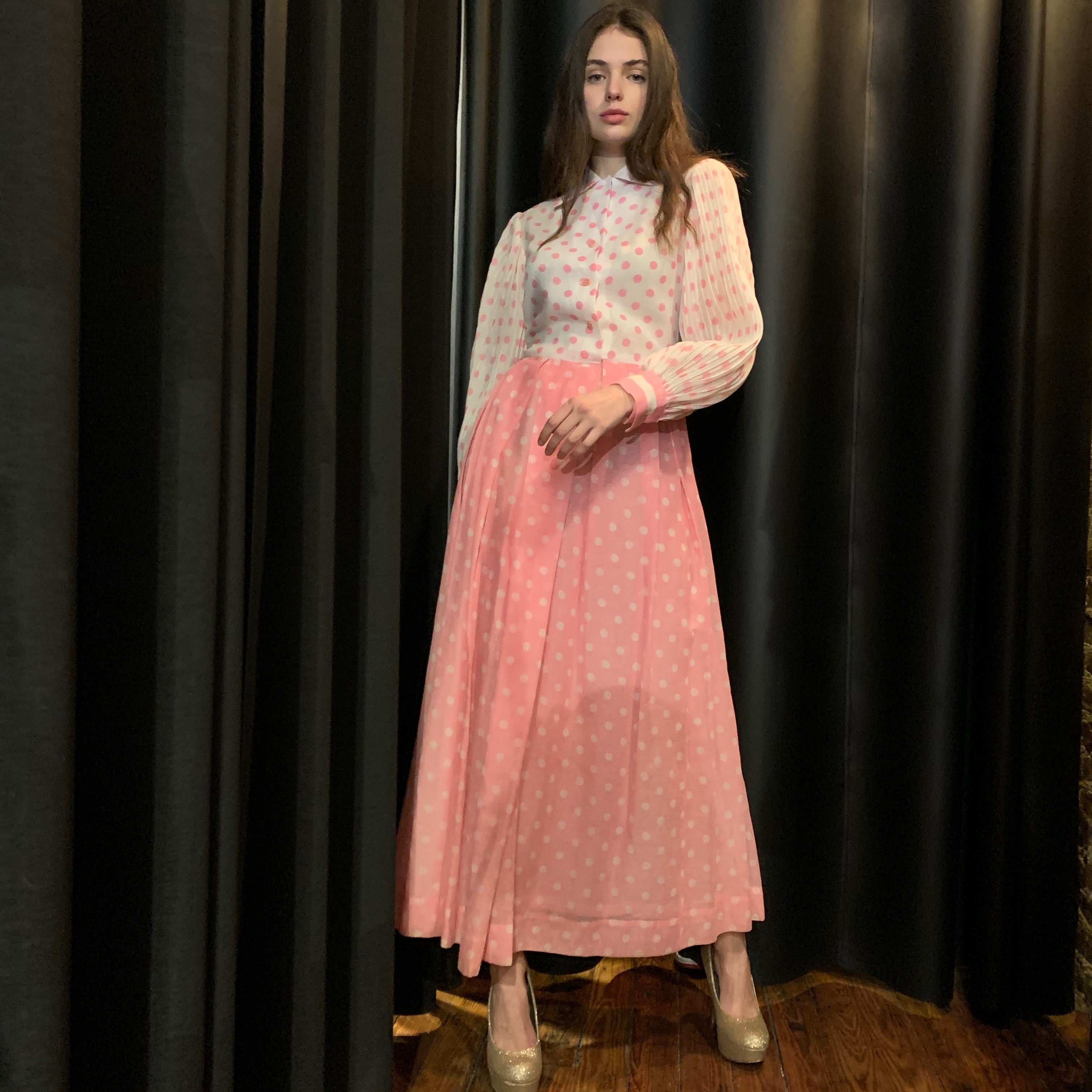 White and pink polka dot chiffon maxi