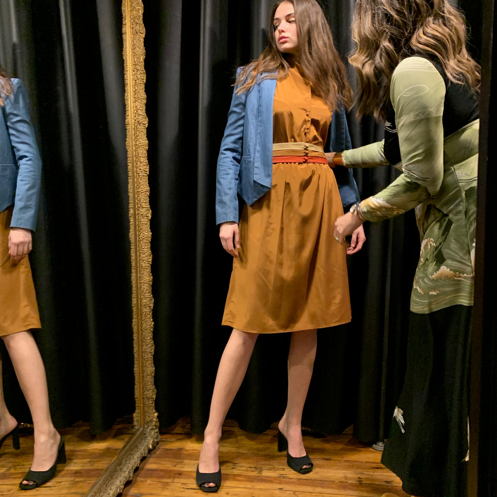 Copper shirtdress with blue linen jacket