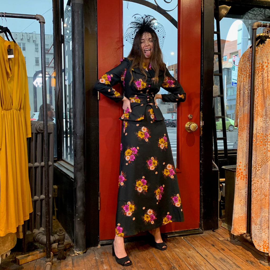 Peplum black floral suited maxi
