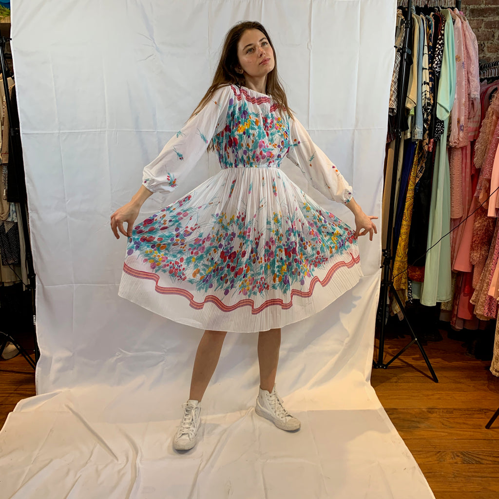 White,blue and pink sheer floral knife pleated dress