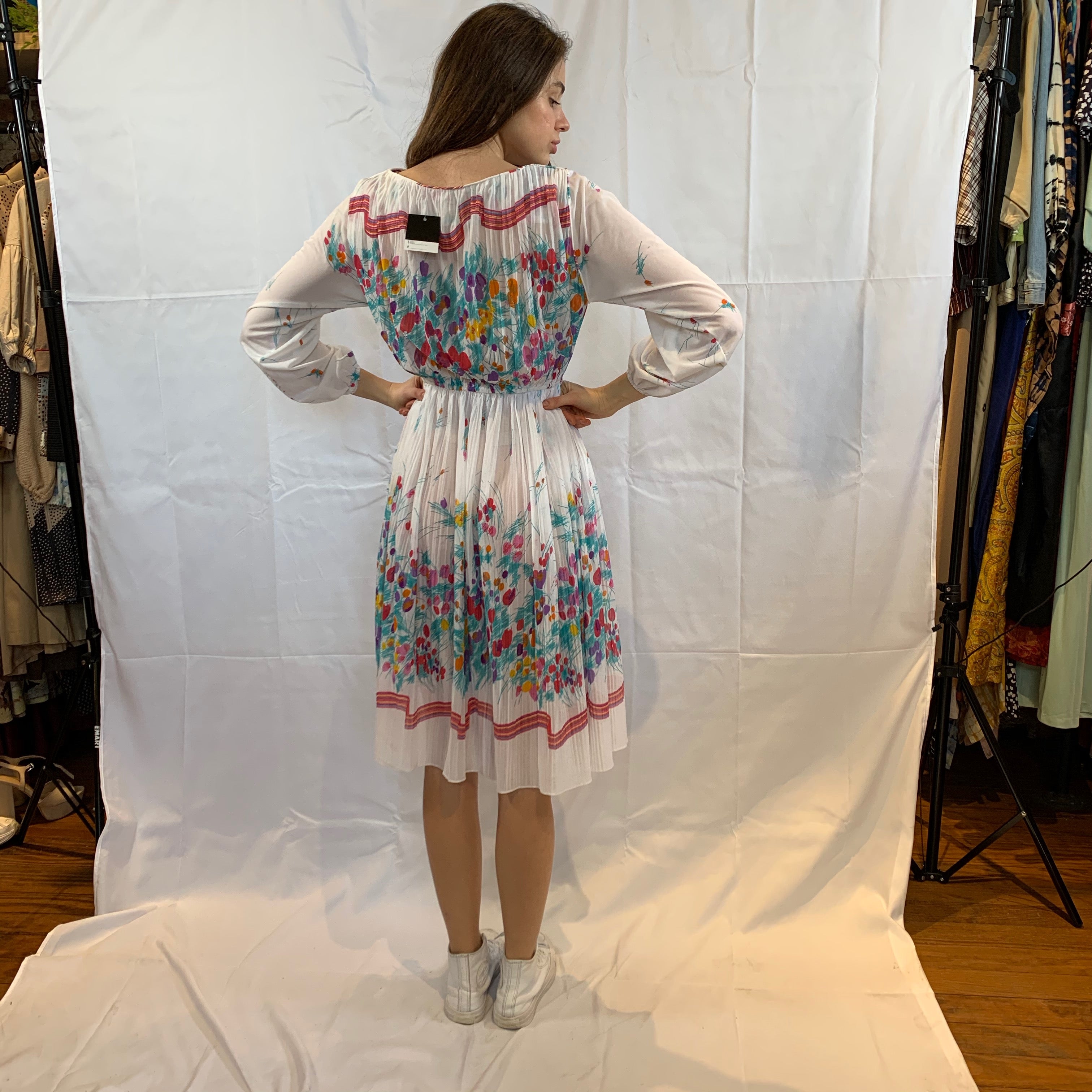 White,blue and pink sheer floral knife pleated dress