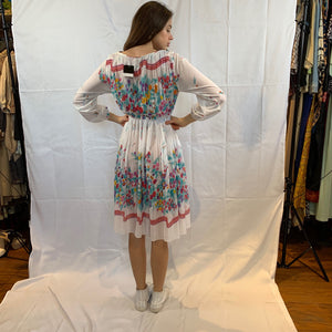 White,blue and pink sheer floral knife pleated dress