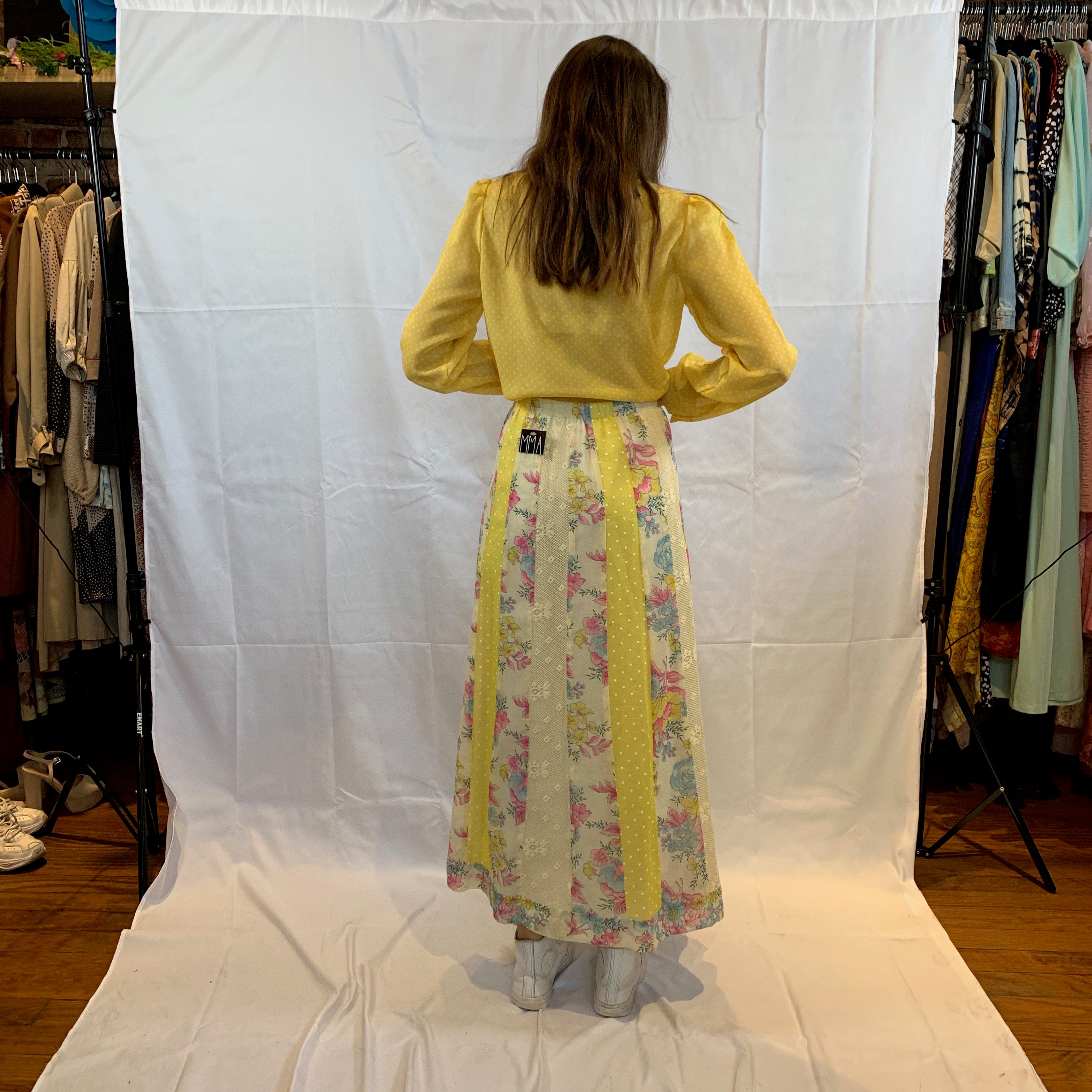 Patchwork floral yellow baby dot maxi skirt