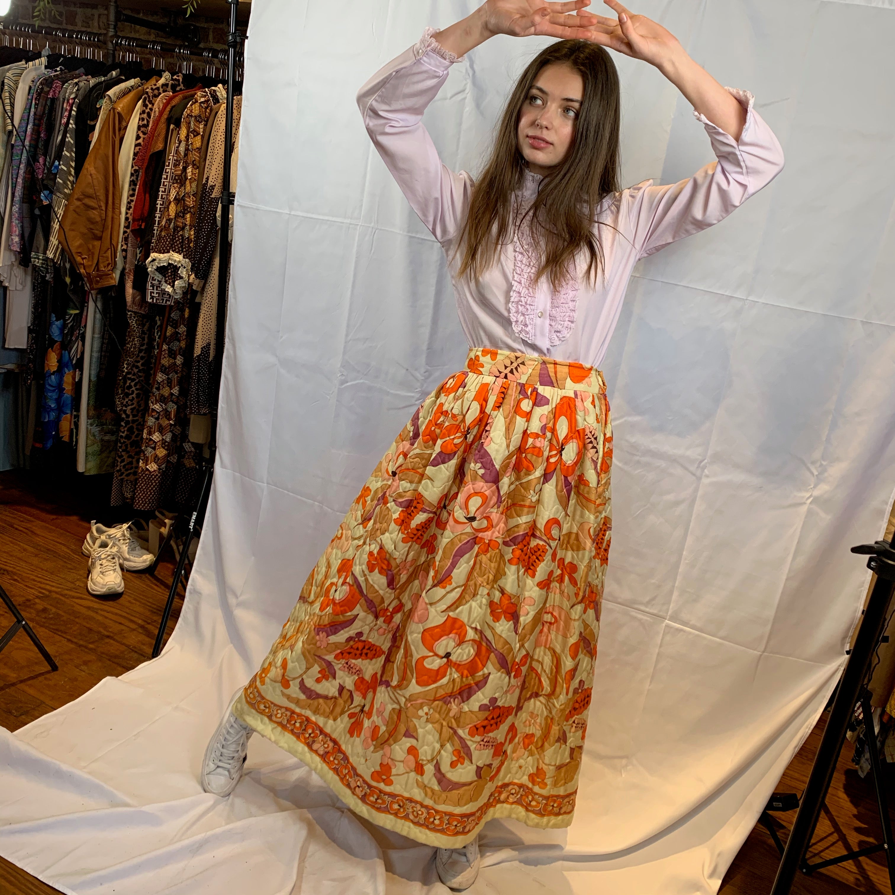 Orange floral quilted skirt
