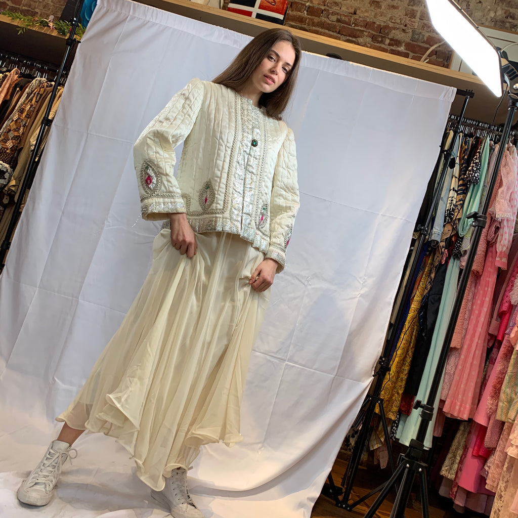 Beige pleated chiffon maxi skirt
