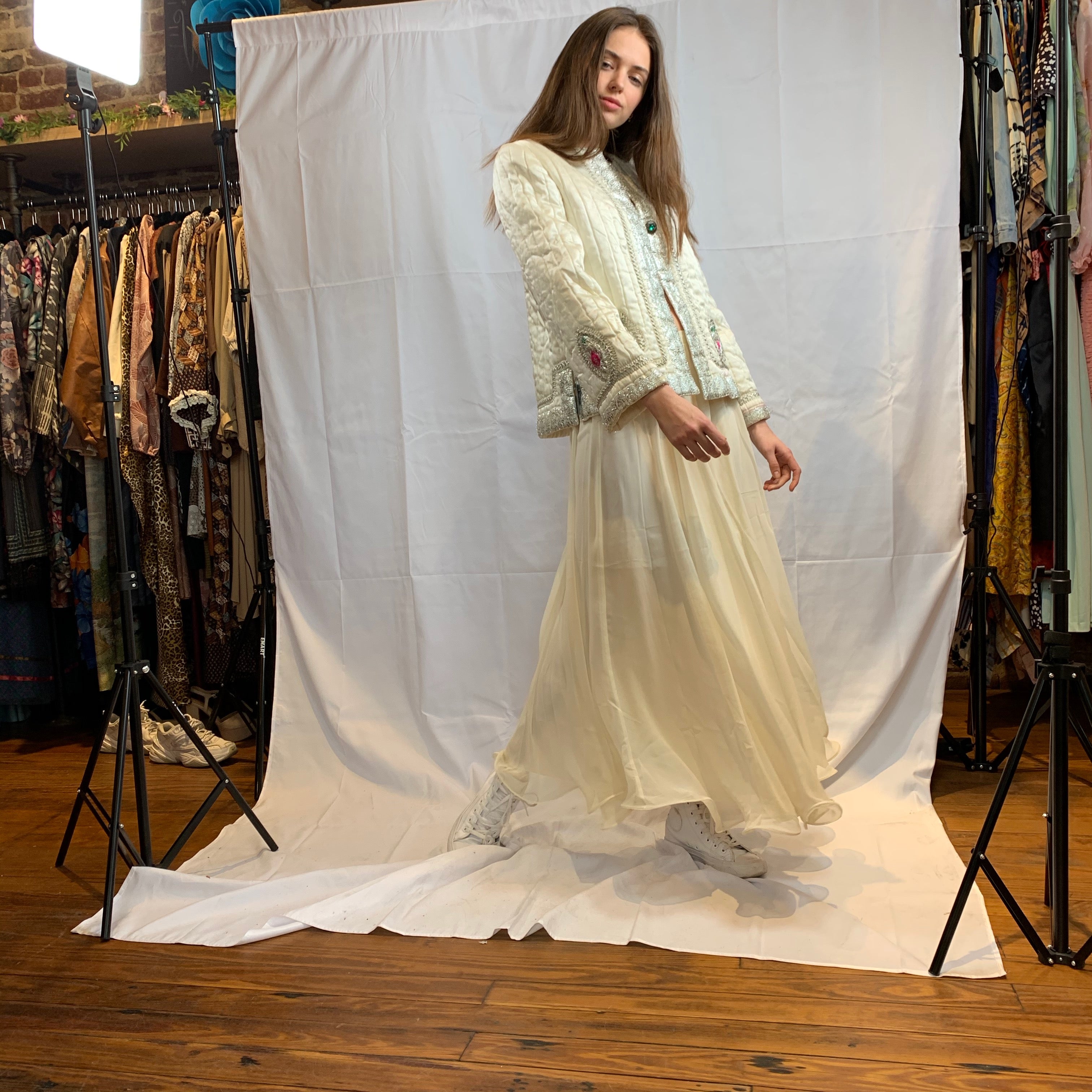 Beige pleated chiffon maxi skirt