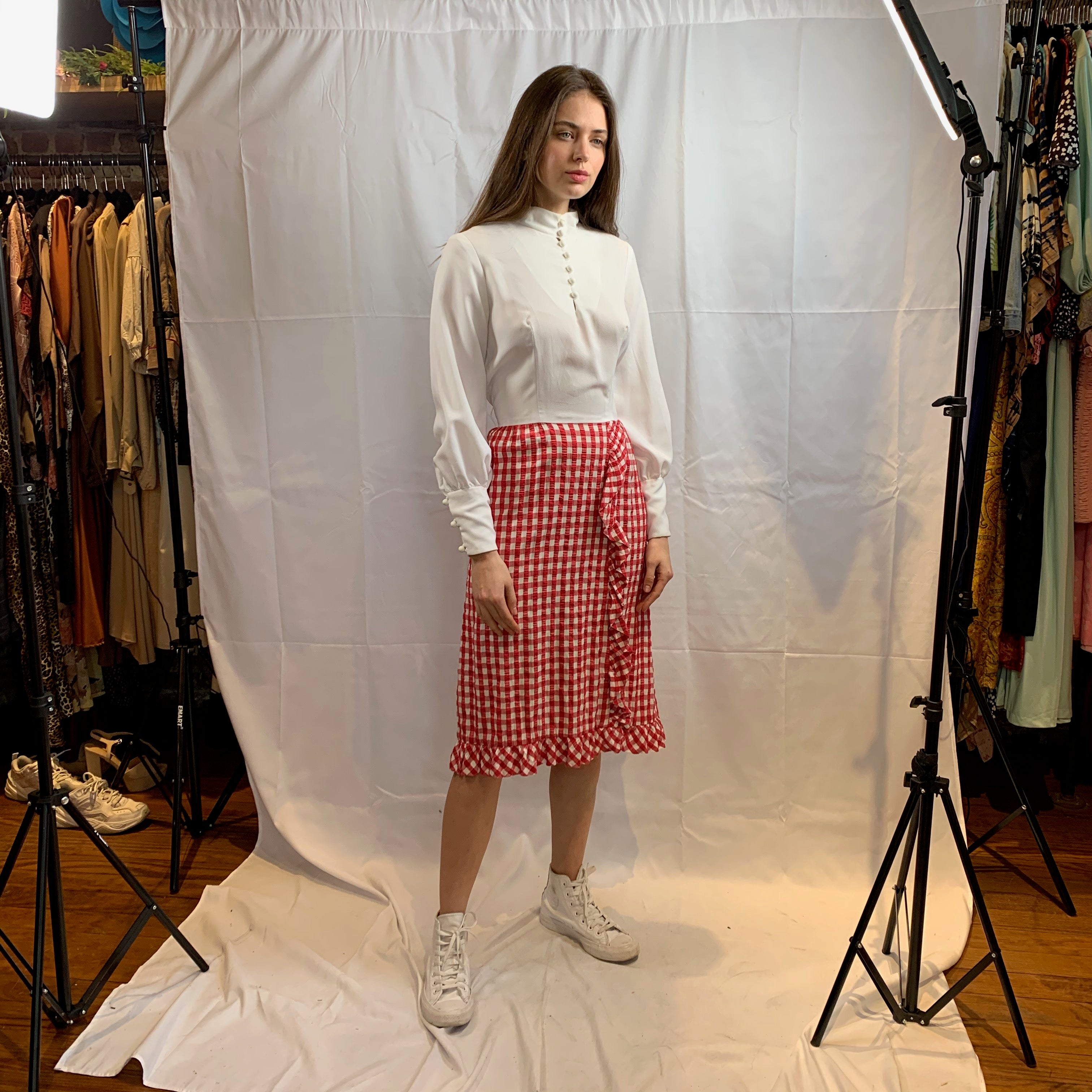 red and white plaid dress White and plaid red dress with side ruffle – MyMothersArmoire