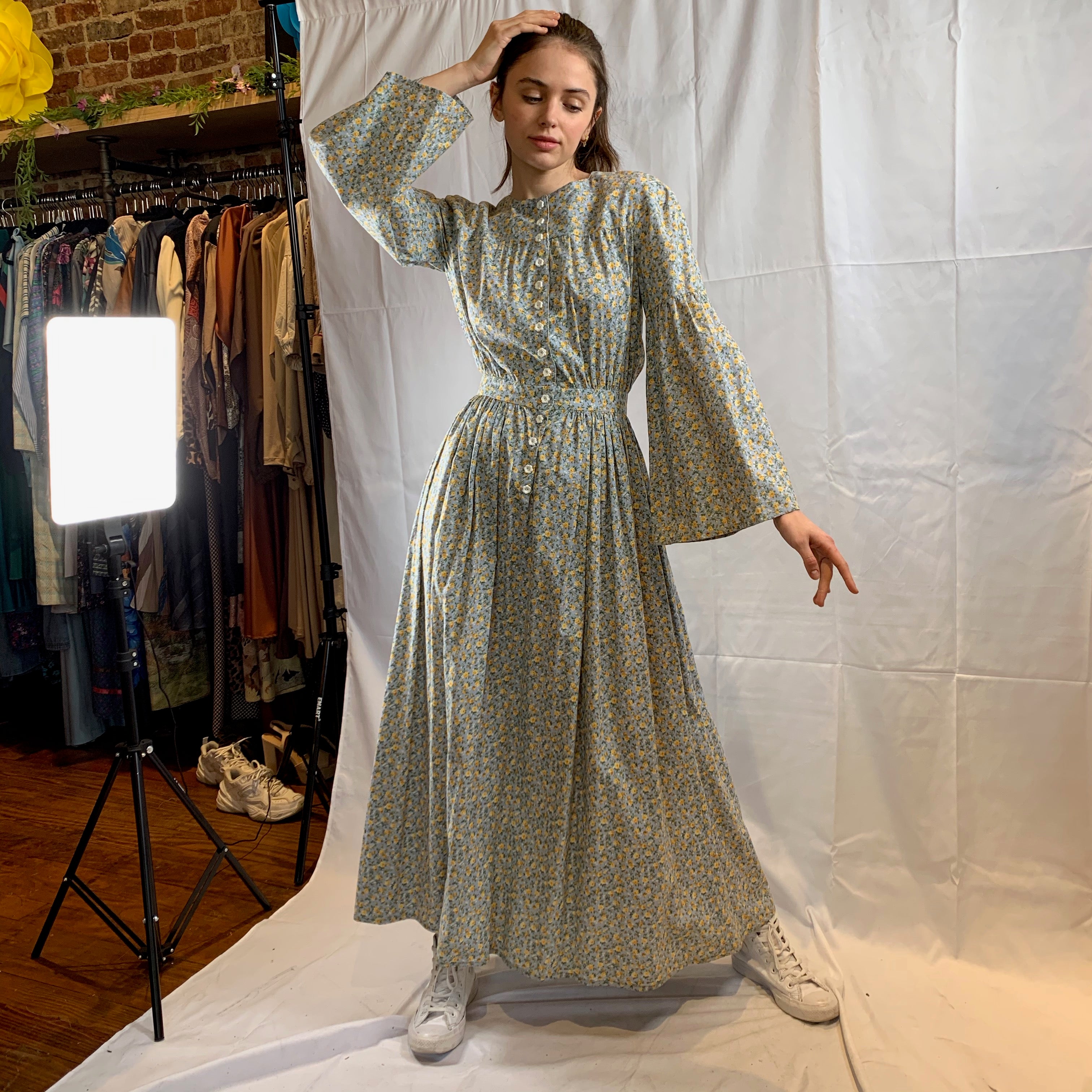 Light blue boho maxi dress with petite yellow flowers