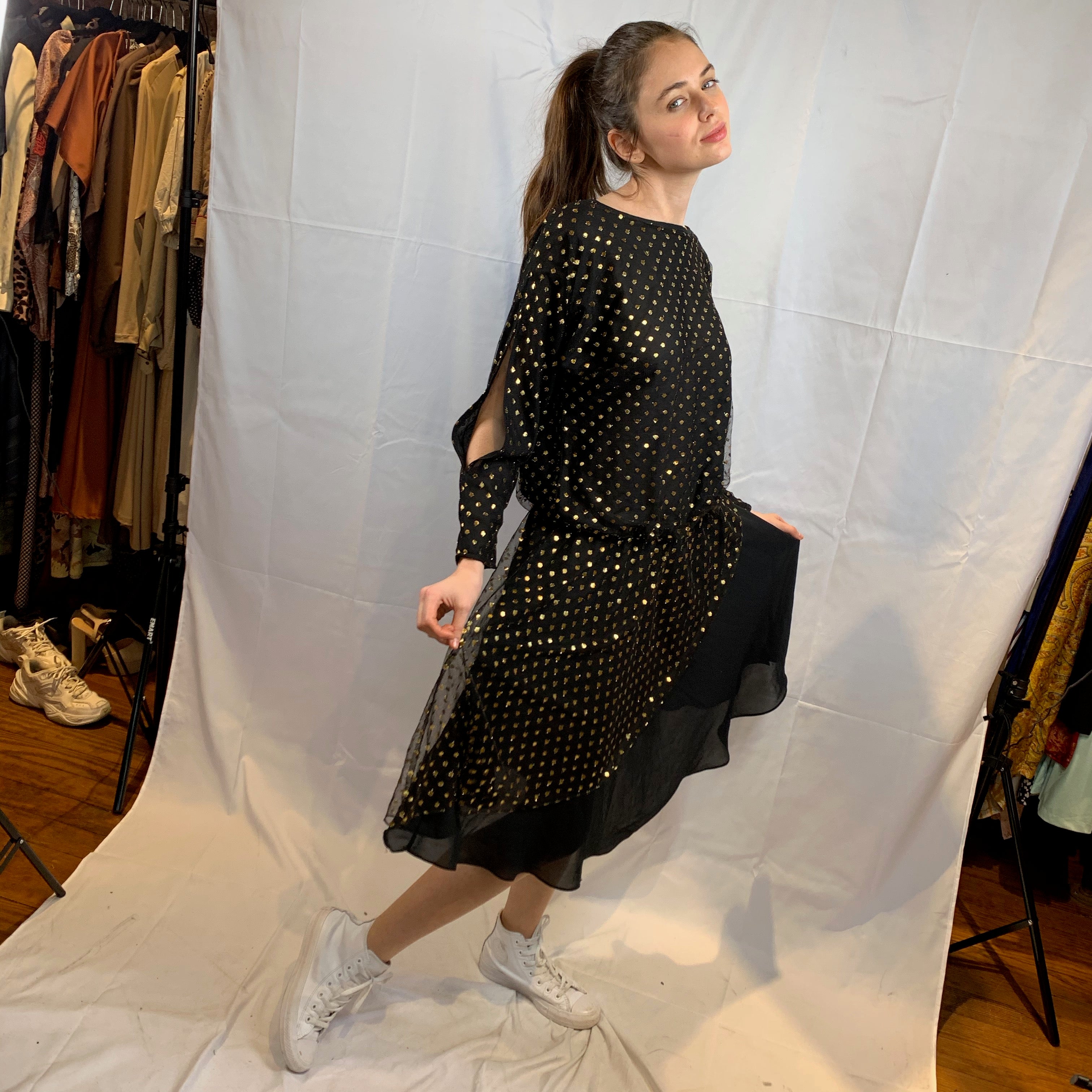 Metallic gold polka dot chiffon with open sleeves