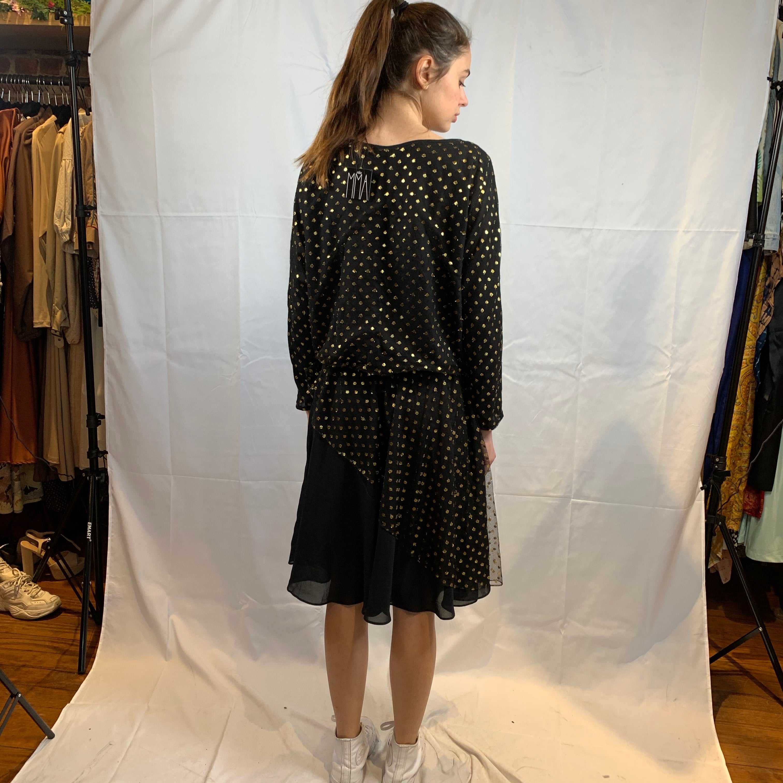 Metallic gold polka dot chiffon with open sleeves