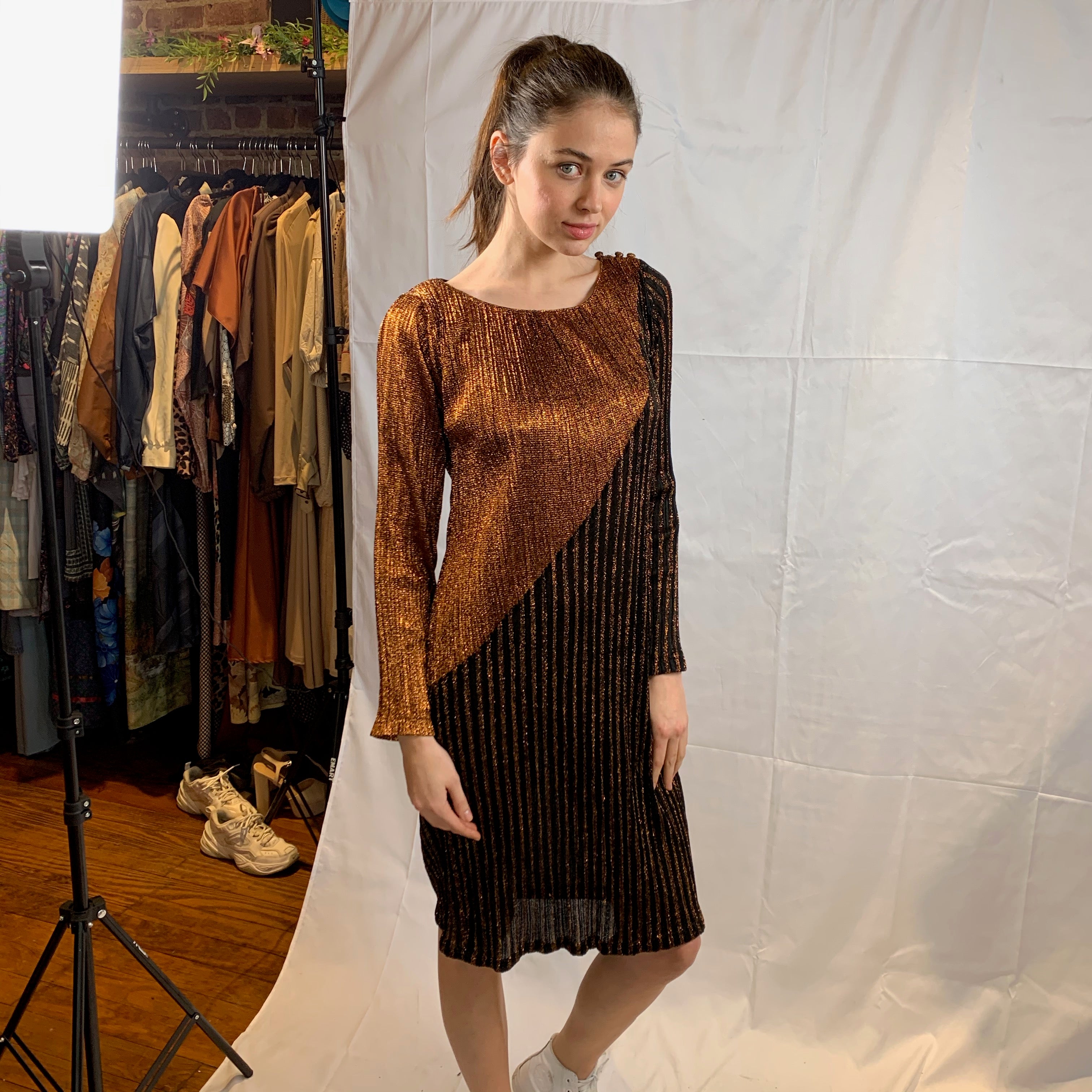 Copper and black lurex dress