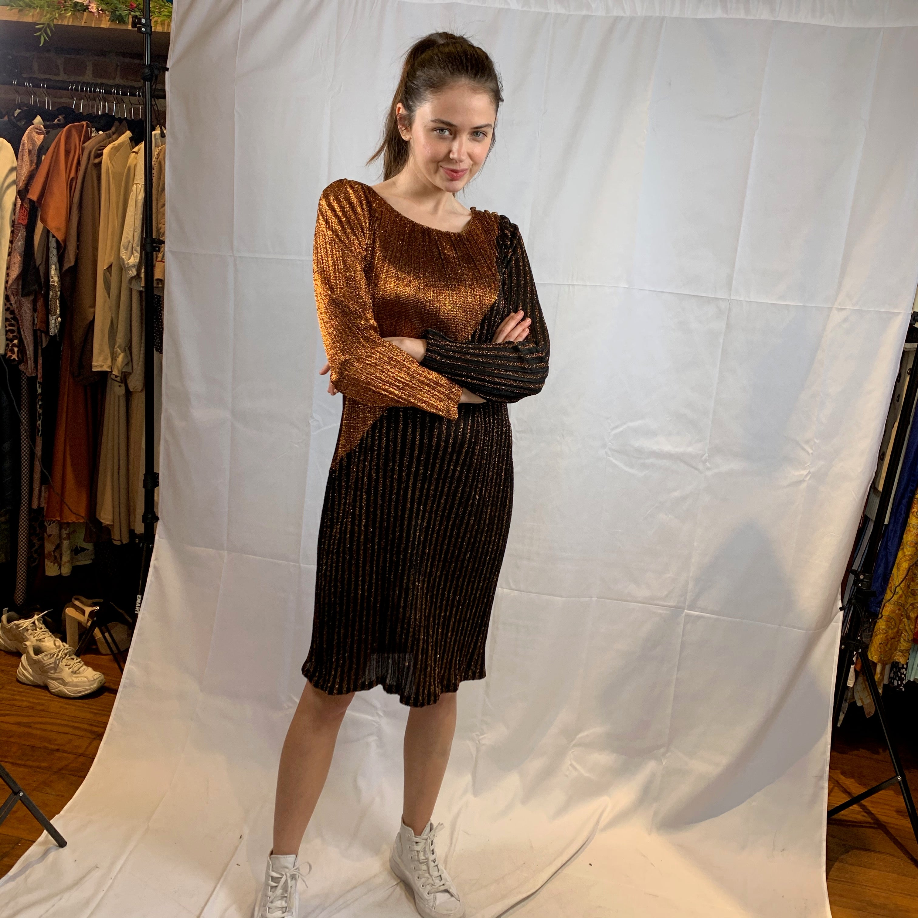 Copper and black lurex dress