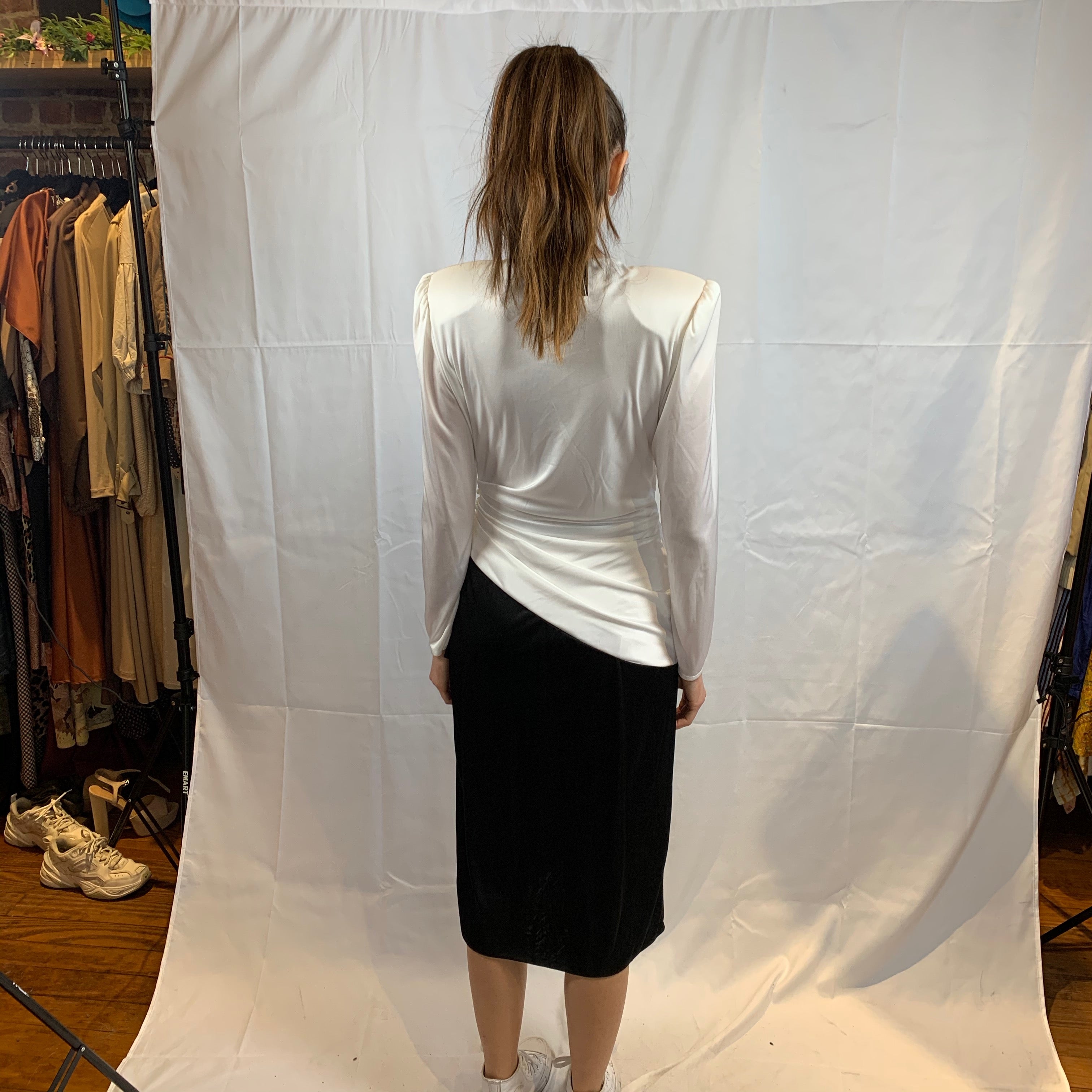 White and black slinky ruched dress