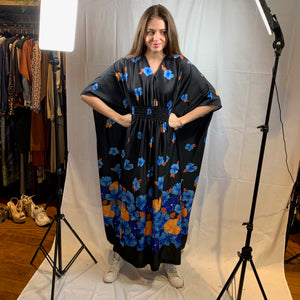 Black kimono with blue and orange flowers