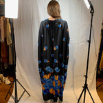Black kimono with blue and orange flowers