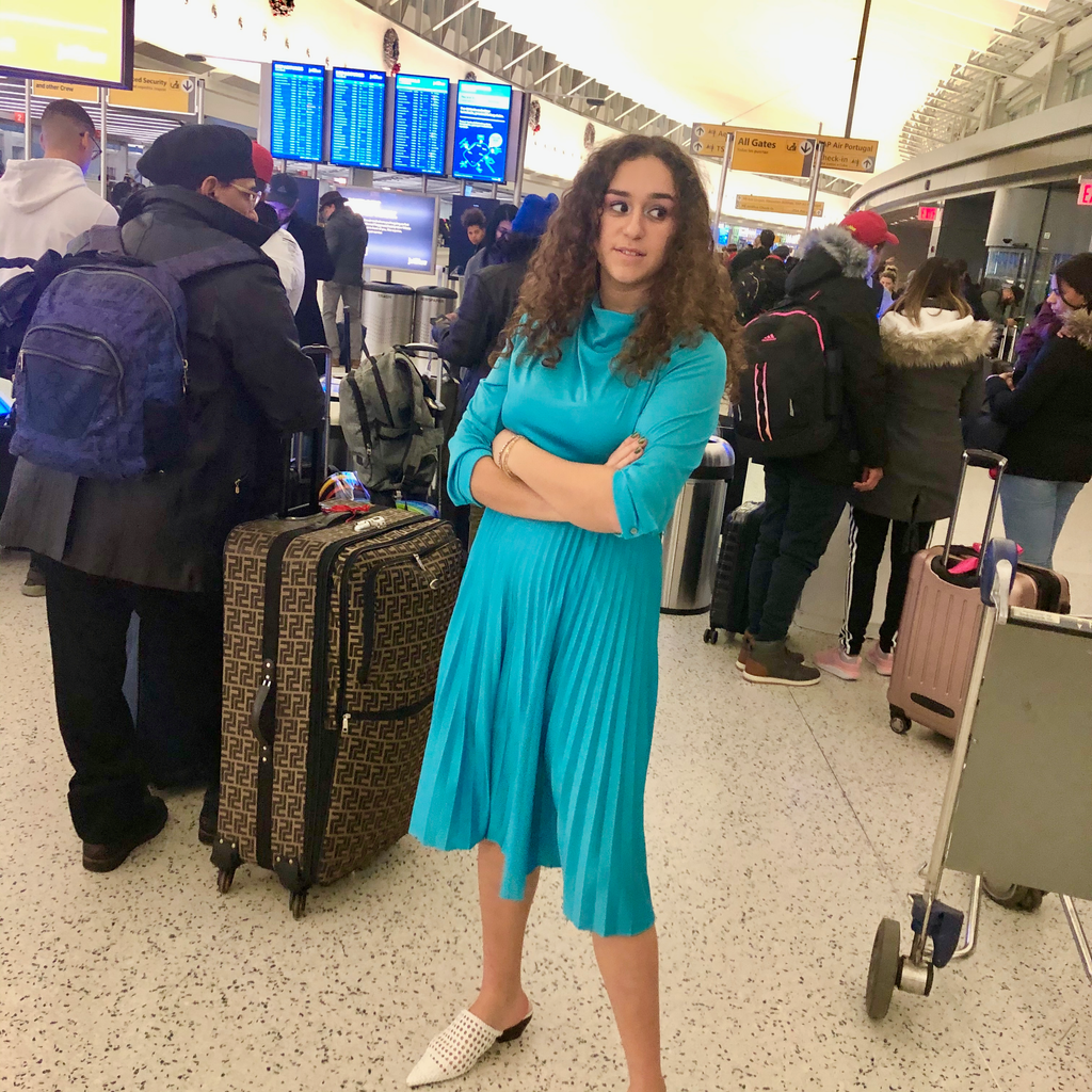 Sky blue polyester pleated dress