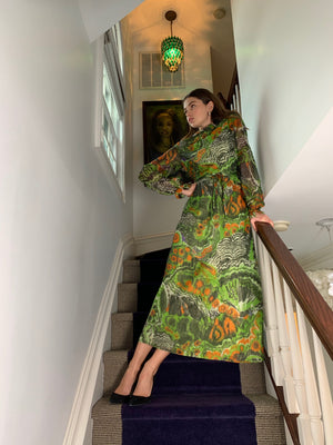 Chiffon lurex green jungle print gown