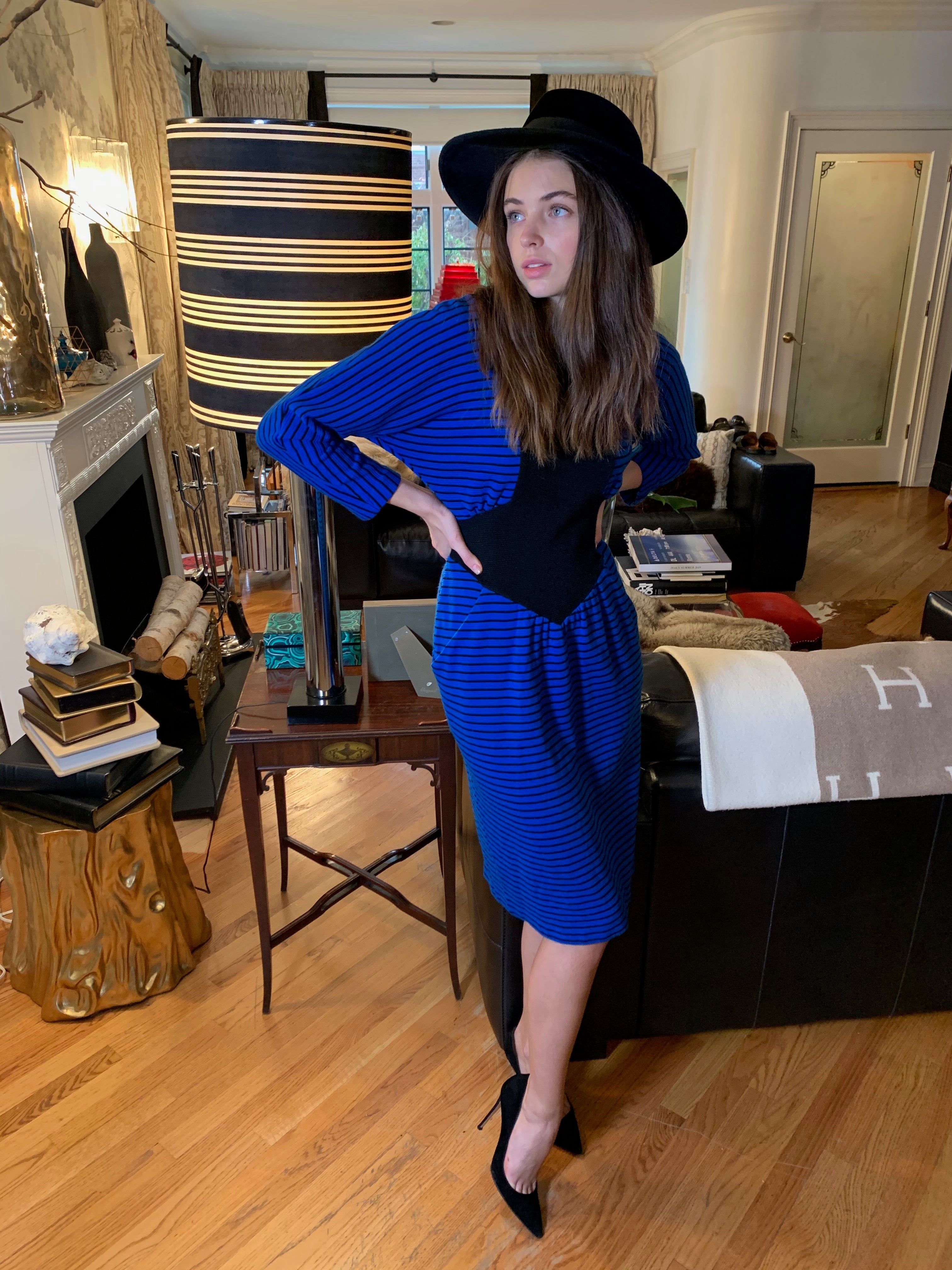 Blue and black striped shapely knit dress