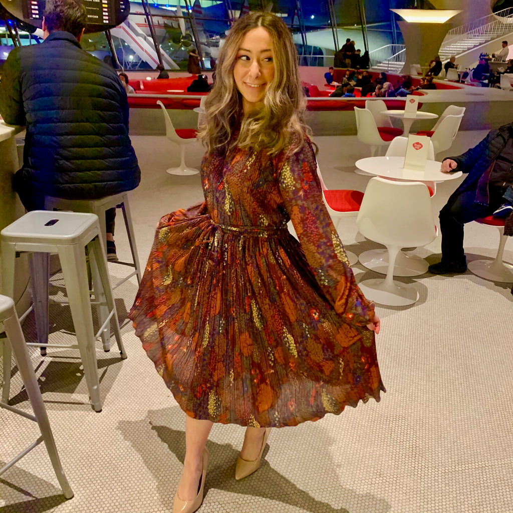 Pleated burnt orange floral dress
