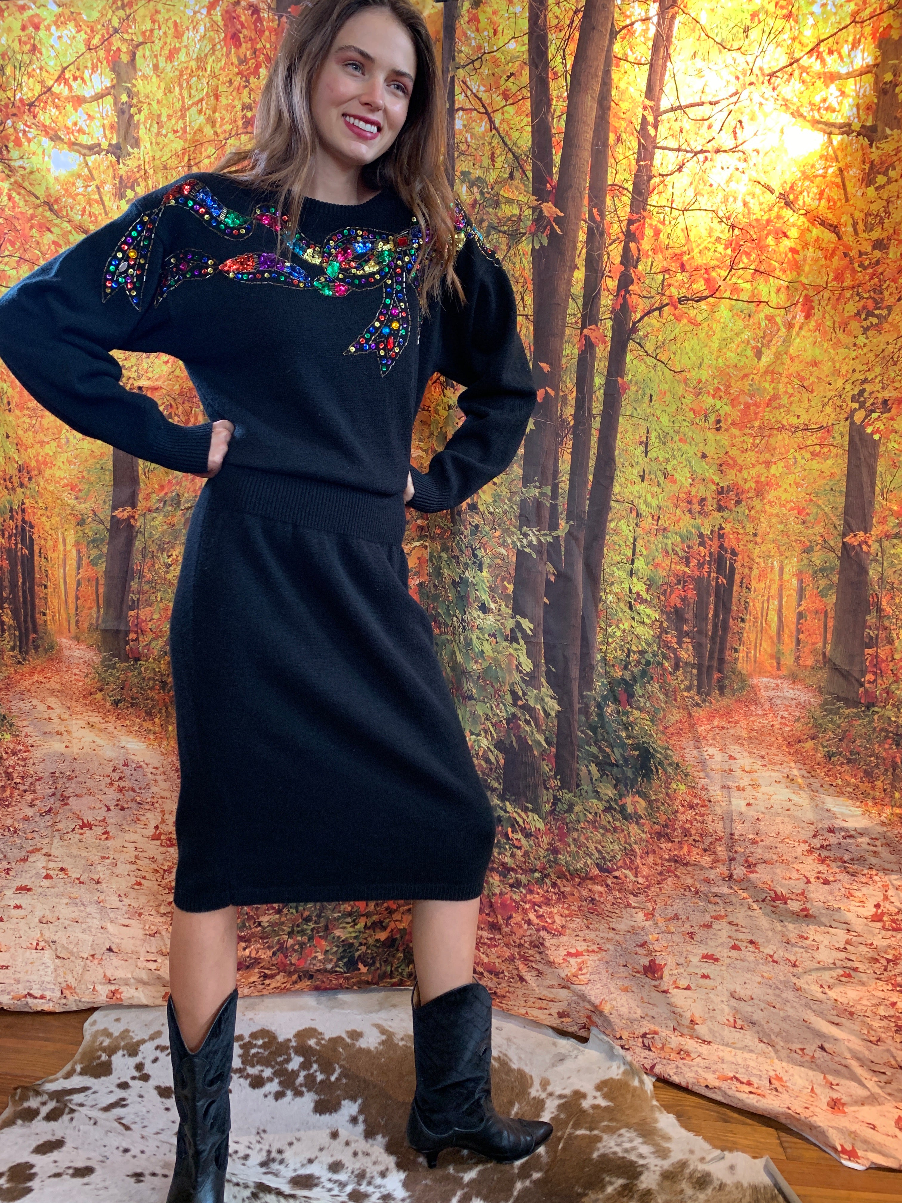 Black knit dress with colorful gems