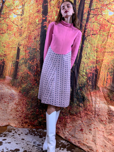 Faux two piece pink fall dress with patterned bottom half