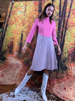 Faux two piece pink fall dress with patterned bottom half