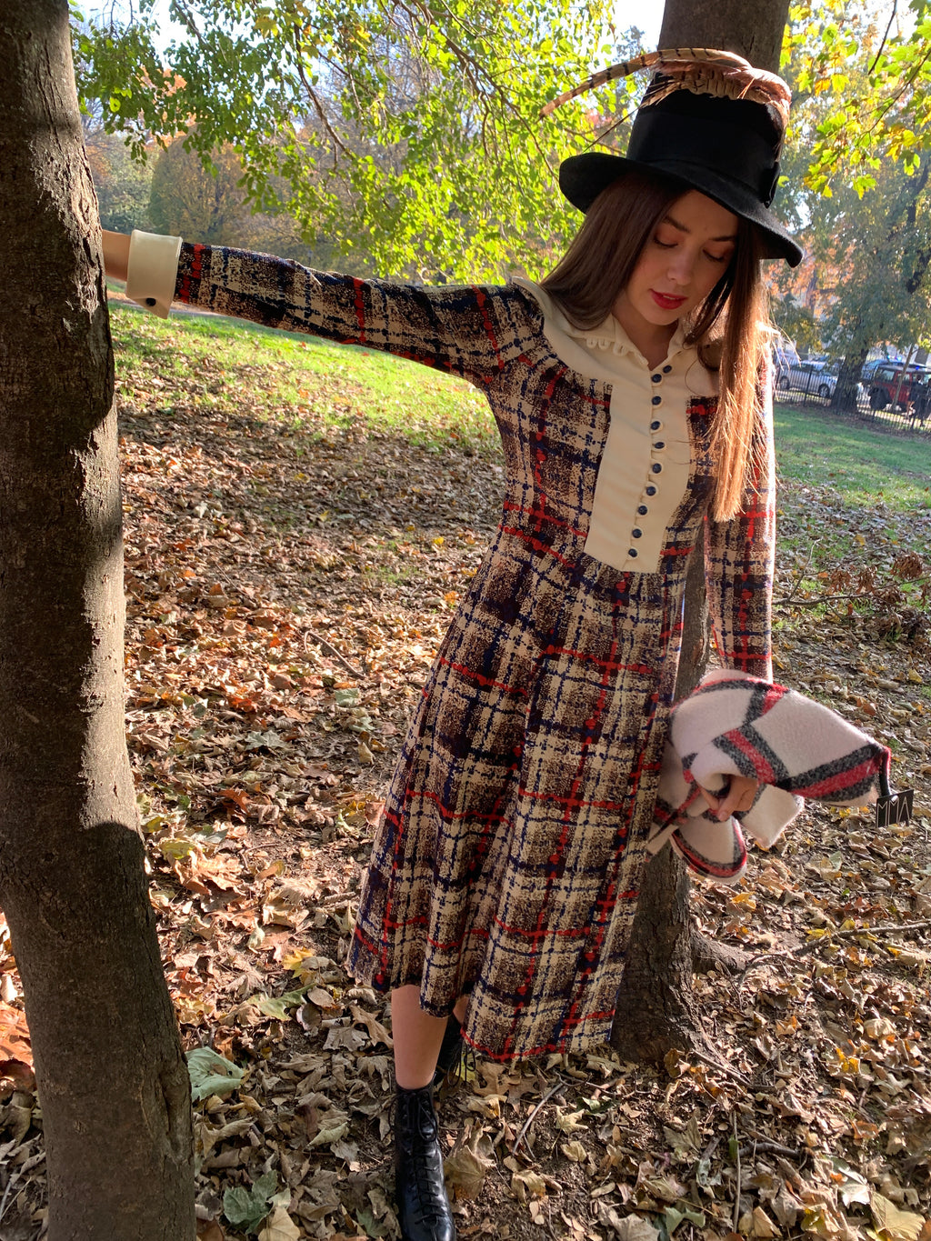 Red white n blue checked dress with white bib front