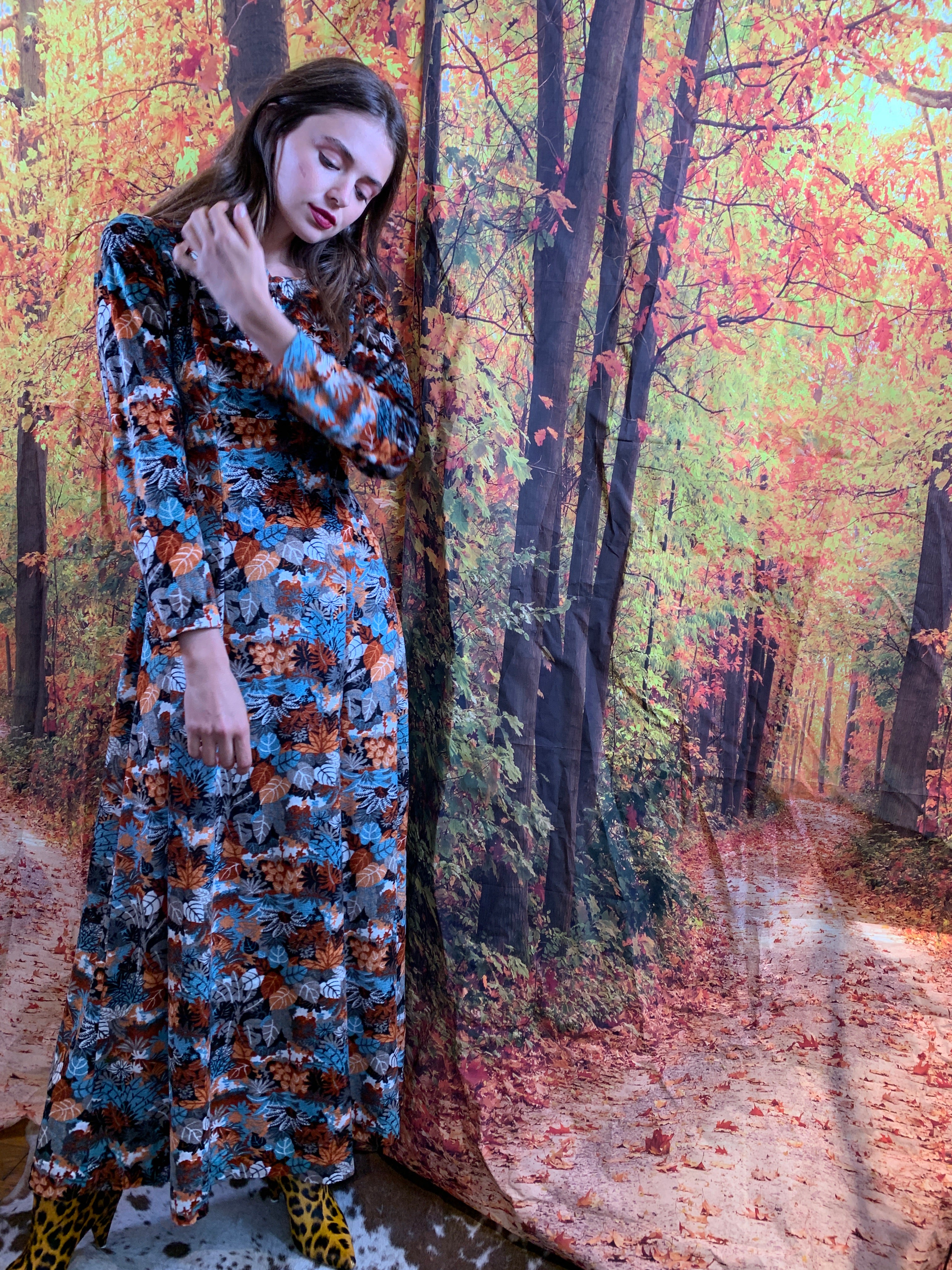 Blues/greens soft autumn pattered midi