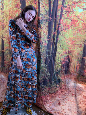 Blues/greens soft autumn pattered midi