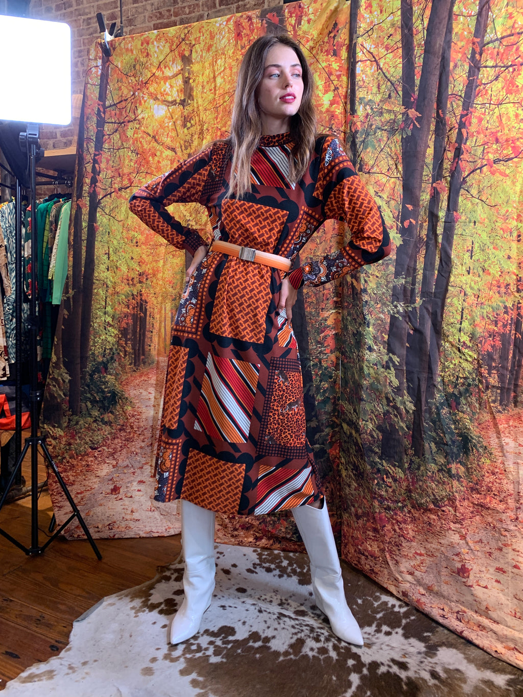 Burnt red geometric pattern stretch dress