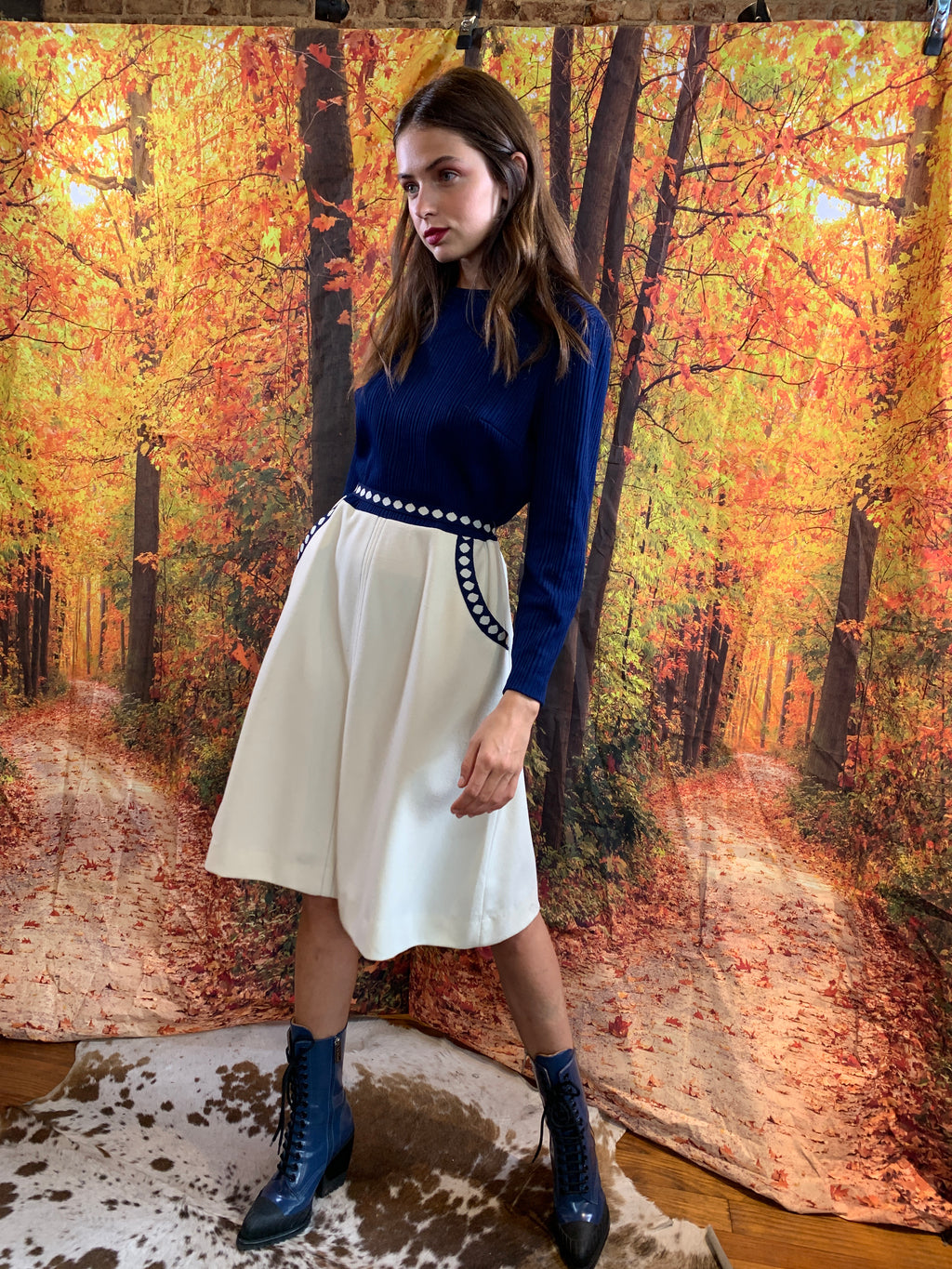 Blue and cream skirted knit dress