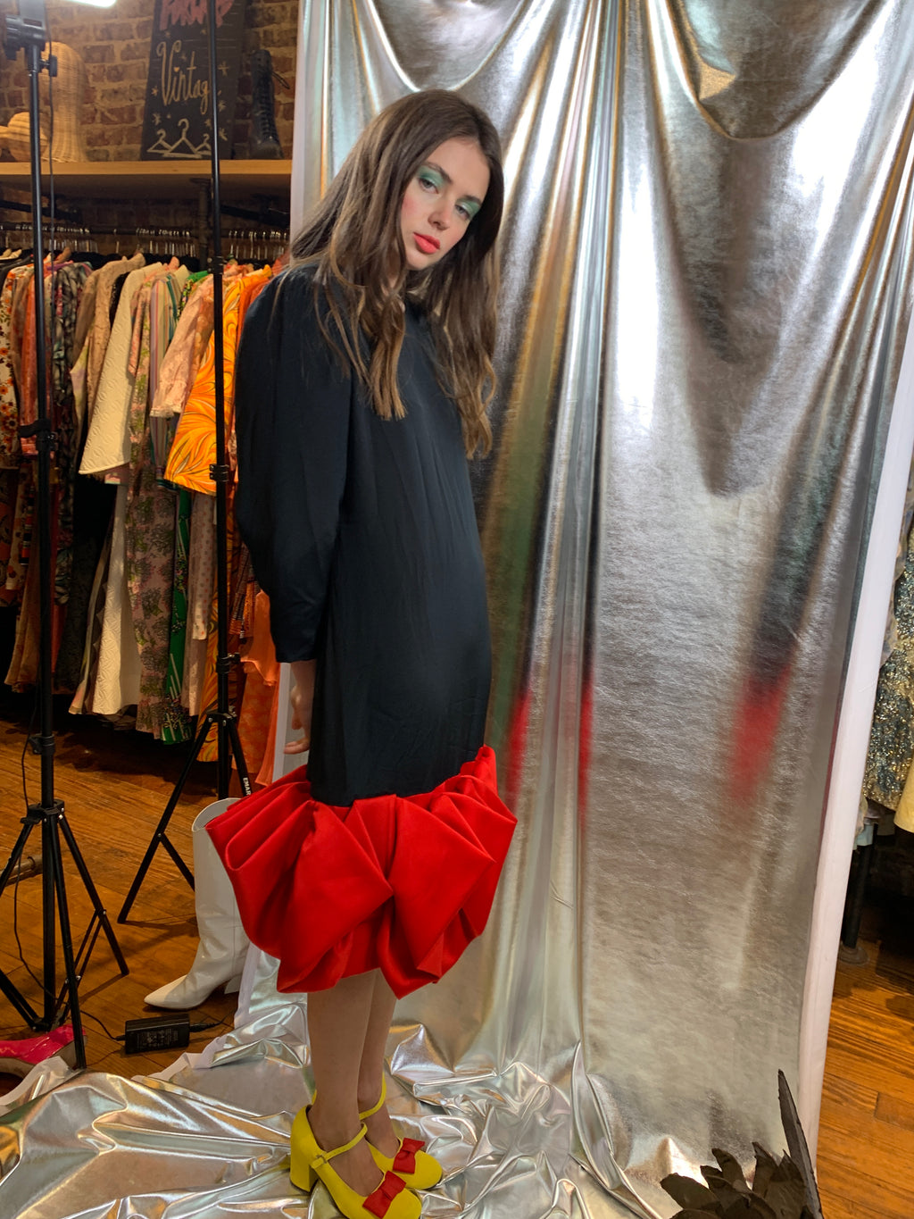 Red origami bottom black shift dress