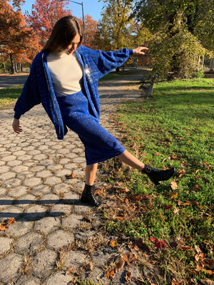 Cobalt lurex knit skirt set with silver sparkle detail