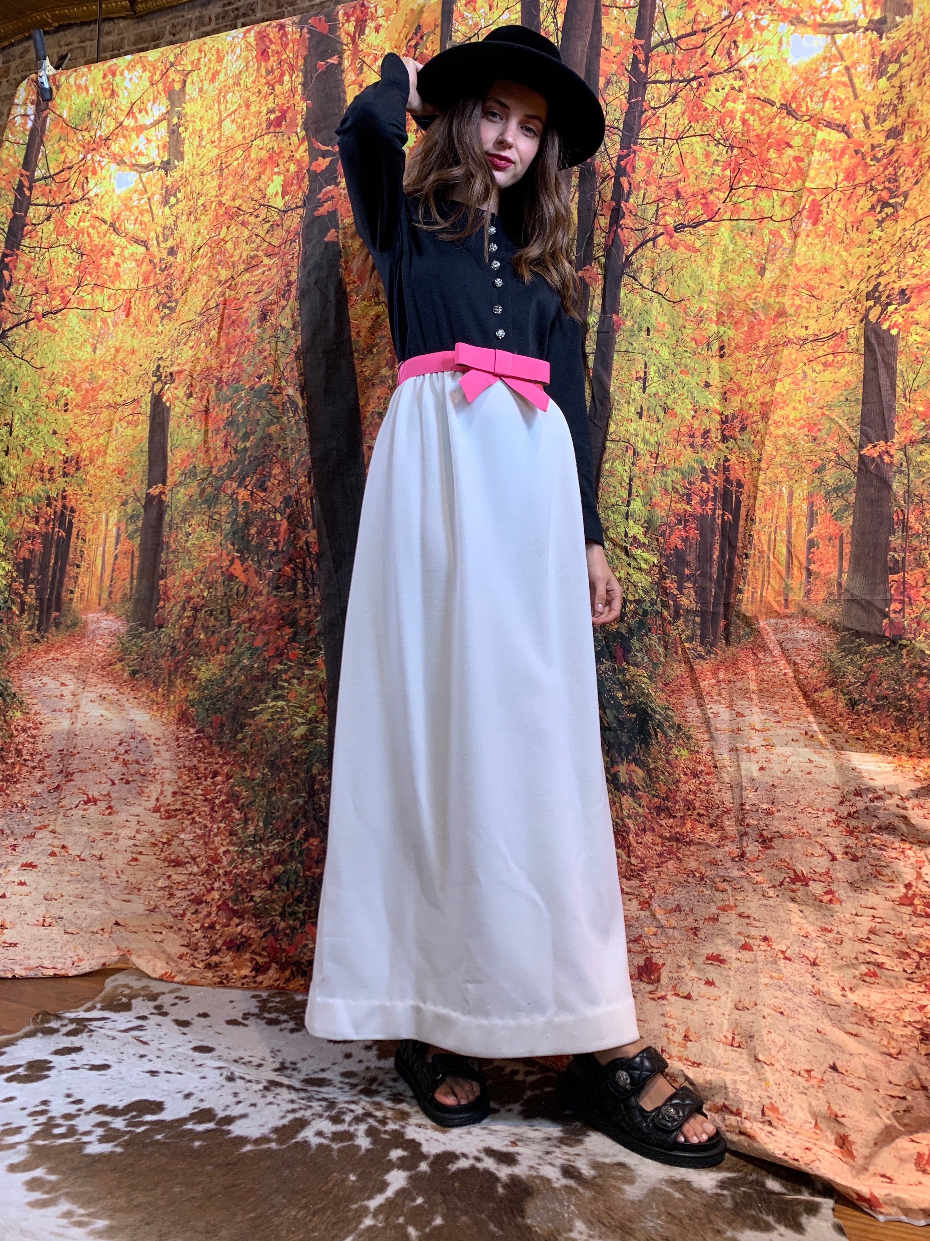 Black and white evening maxi with pretty pink belt